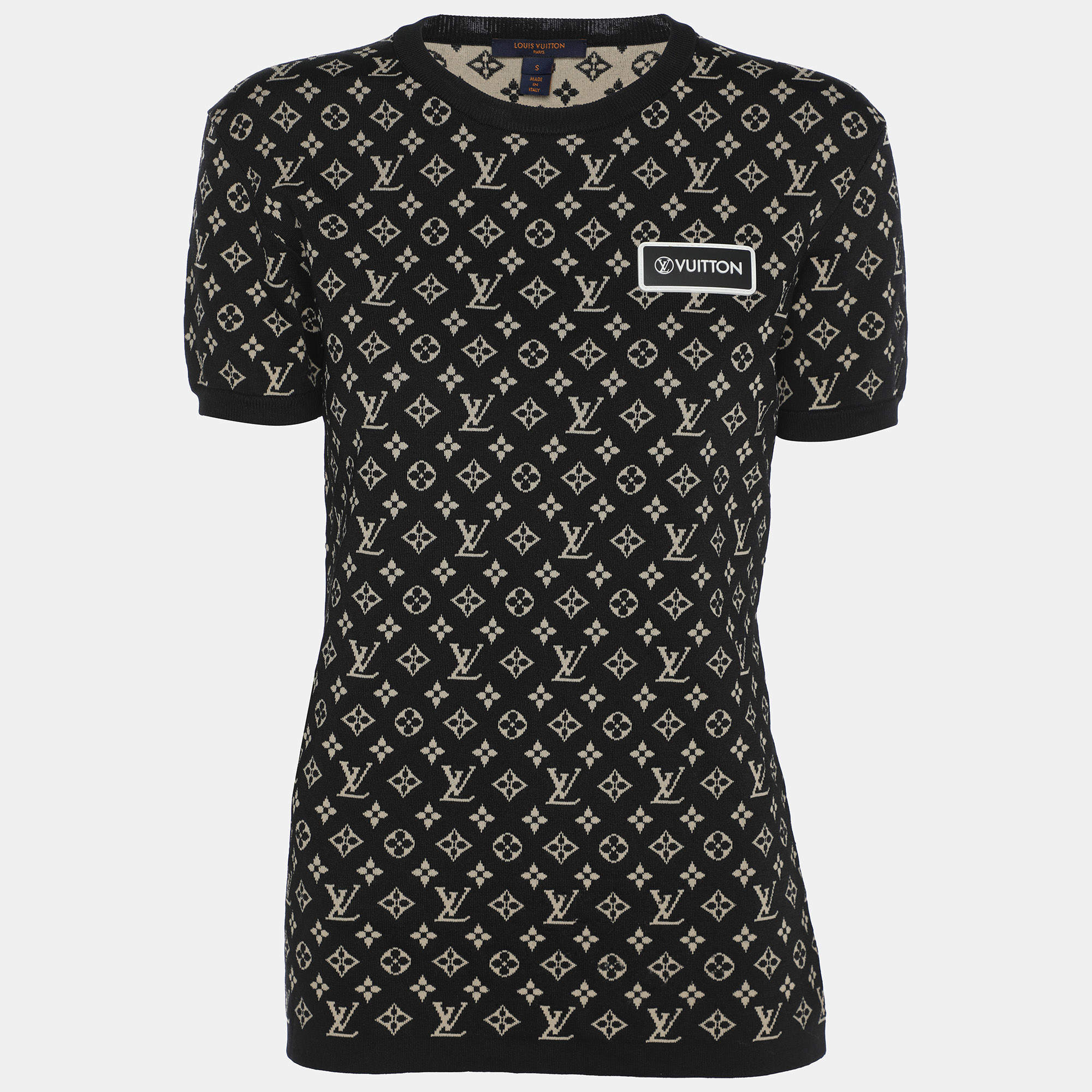 Louis Vuitton Black Monogram Jacquard Knit Crew Neck Half Sleeve T-Shirt S
