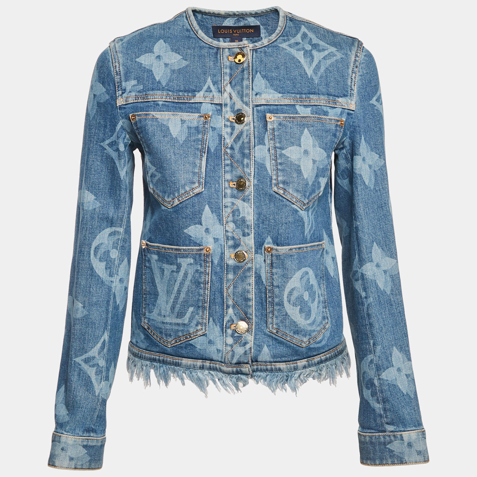 Pre Owned Louis Vuitton Blue Monogram Denim Round Neck Jacket S