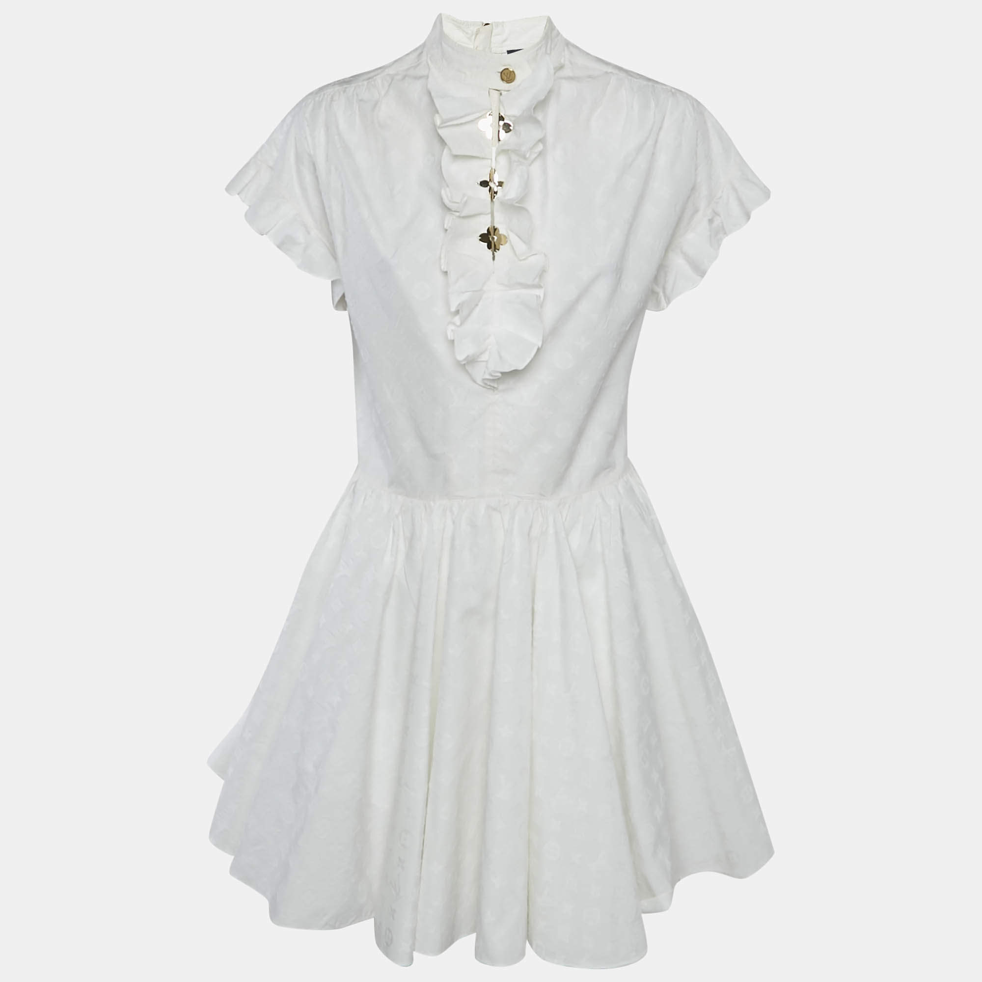 Louis Vuitton White Logo Dobby Cotton Ruffled Mini Dress M