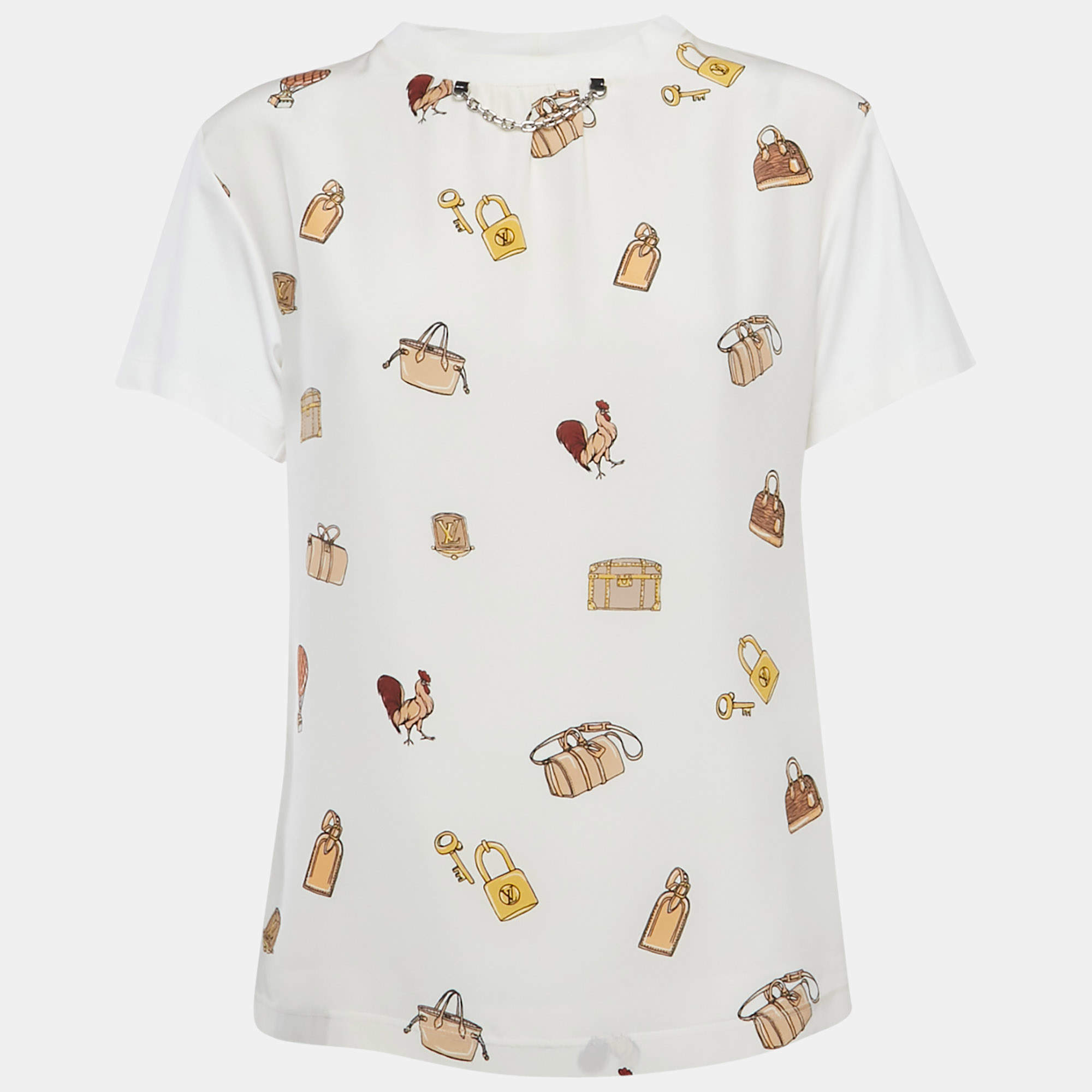 Louis Vuitton Cream All-over Print Silk and Cotton T-Shirt S