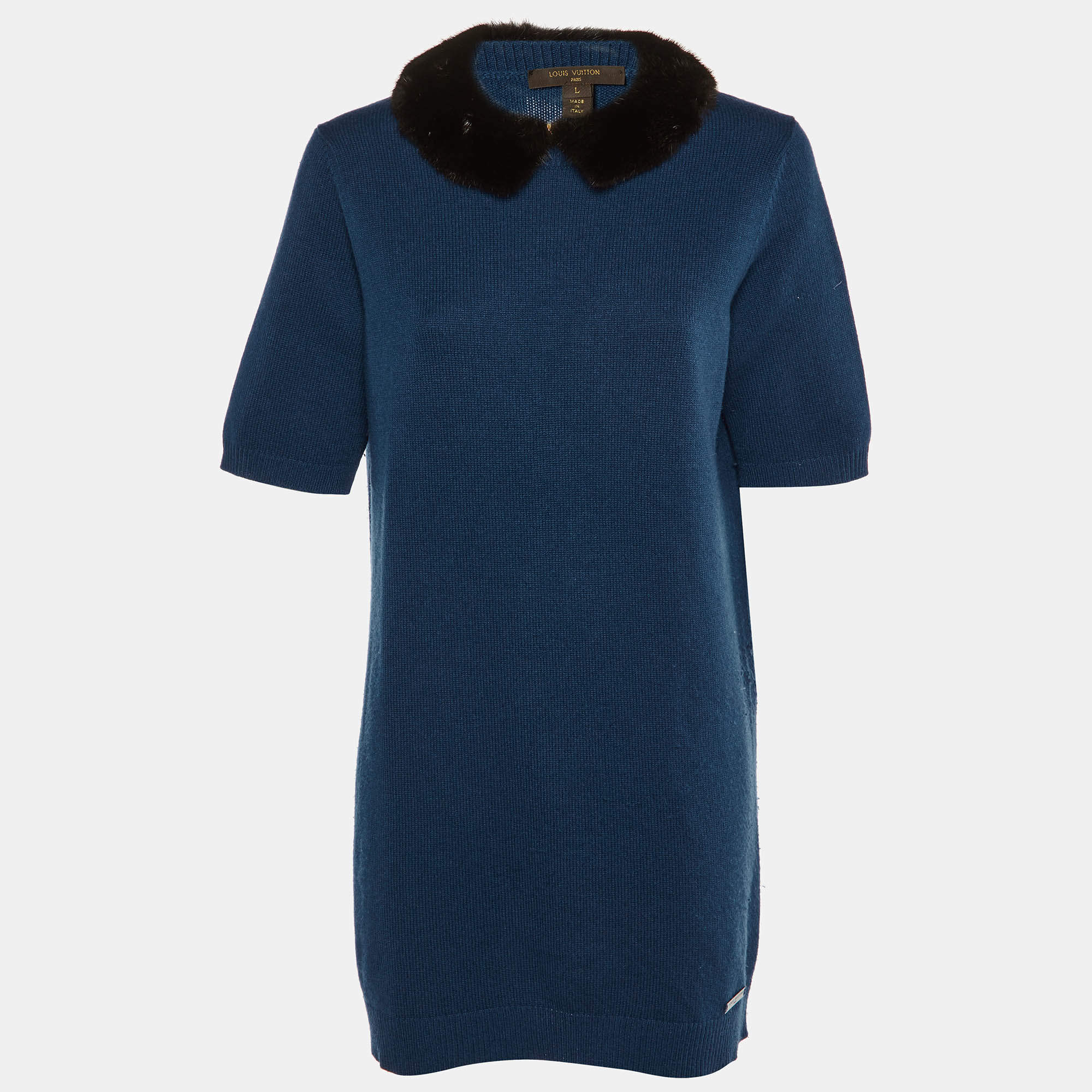 Louis Vuitton Blue Cashmere Knit Mink Collared Mini Dress L