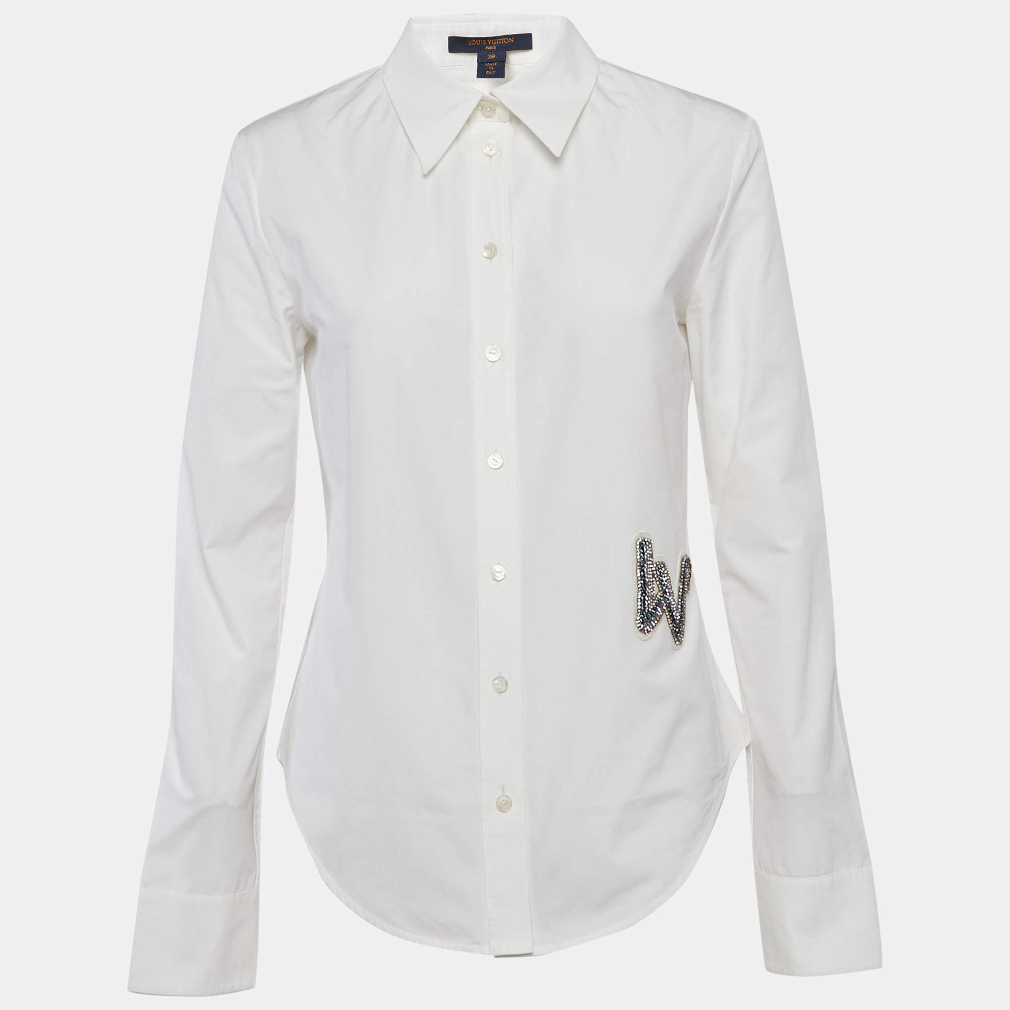 Louis Vuitton White Logo Embellished Cotton Button Front Shirt M
