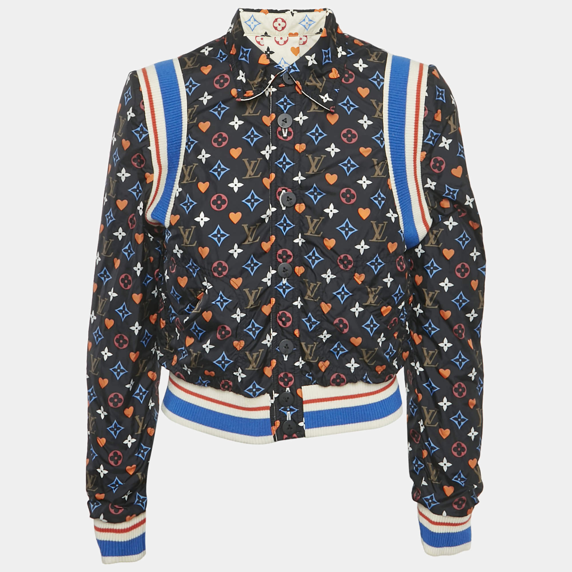 Pre Owned Louis Vuitton White/Black Monogram Nylon Reversible Bomber Jacket M