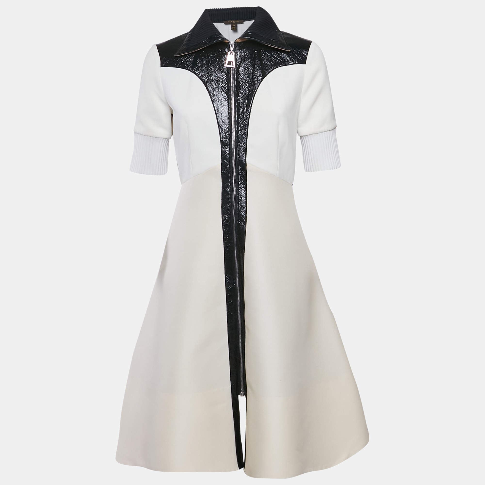 Louis Vuitton Cream Wool Blend Faux Leather Trim Short Dress S