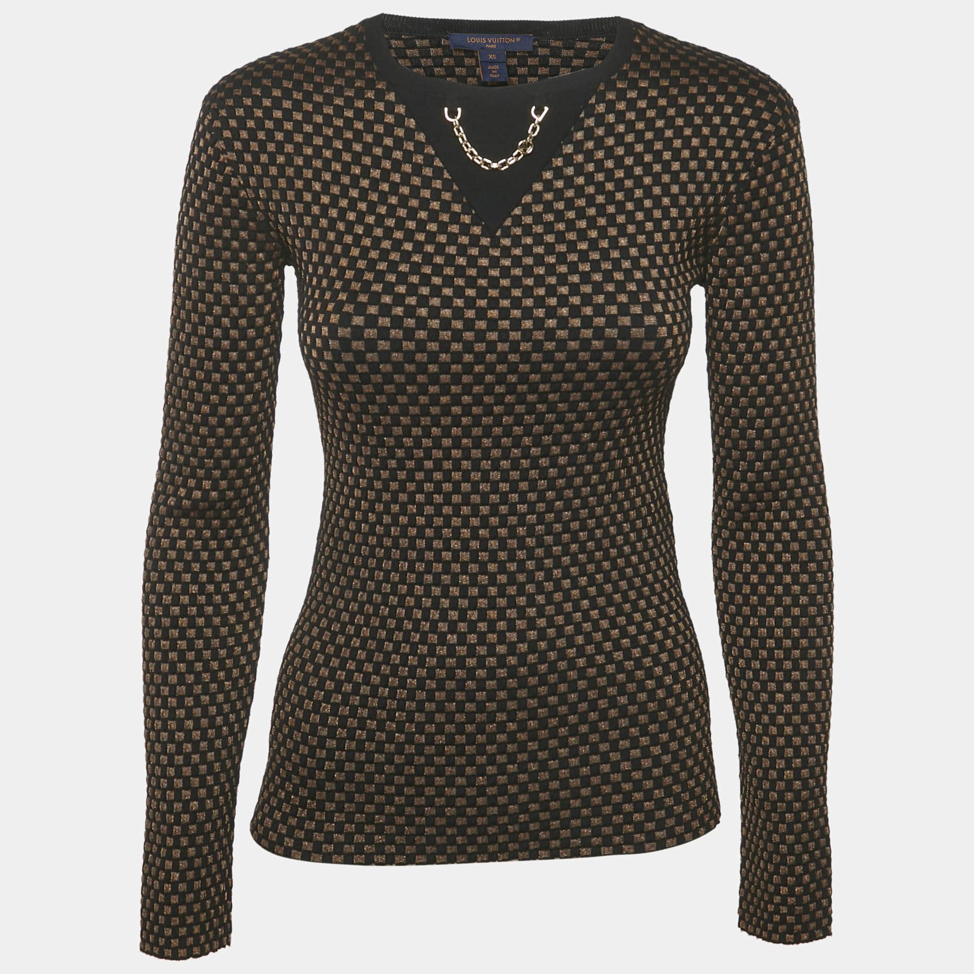 Pre Owned Louis Vuitton Brown Checks Lurex Knit Crewneck Pullover XS