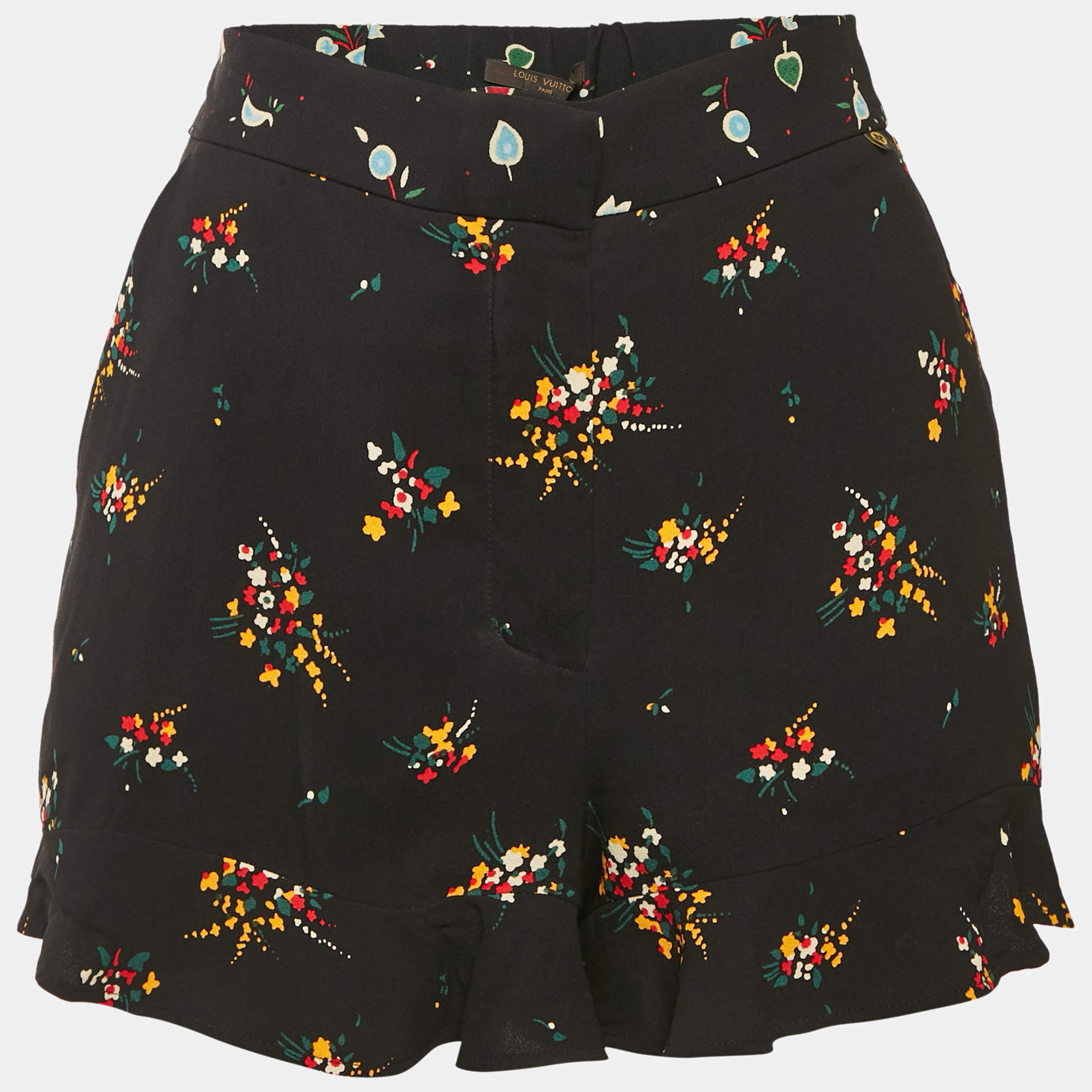 Louis Vuitton Black Printed Crepe Ruffled Shorts M