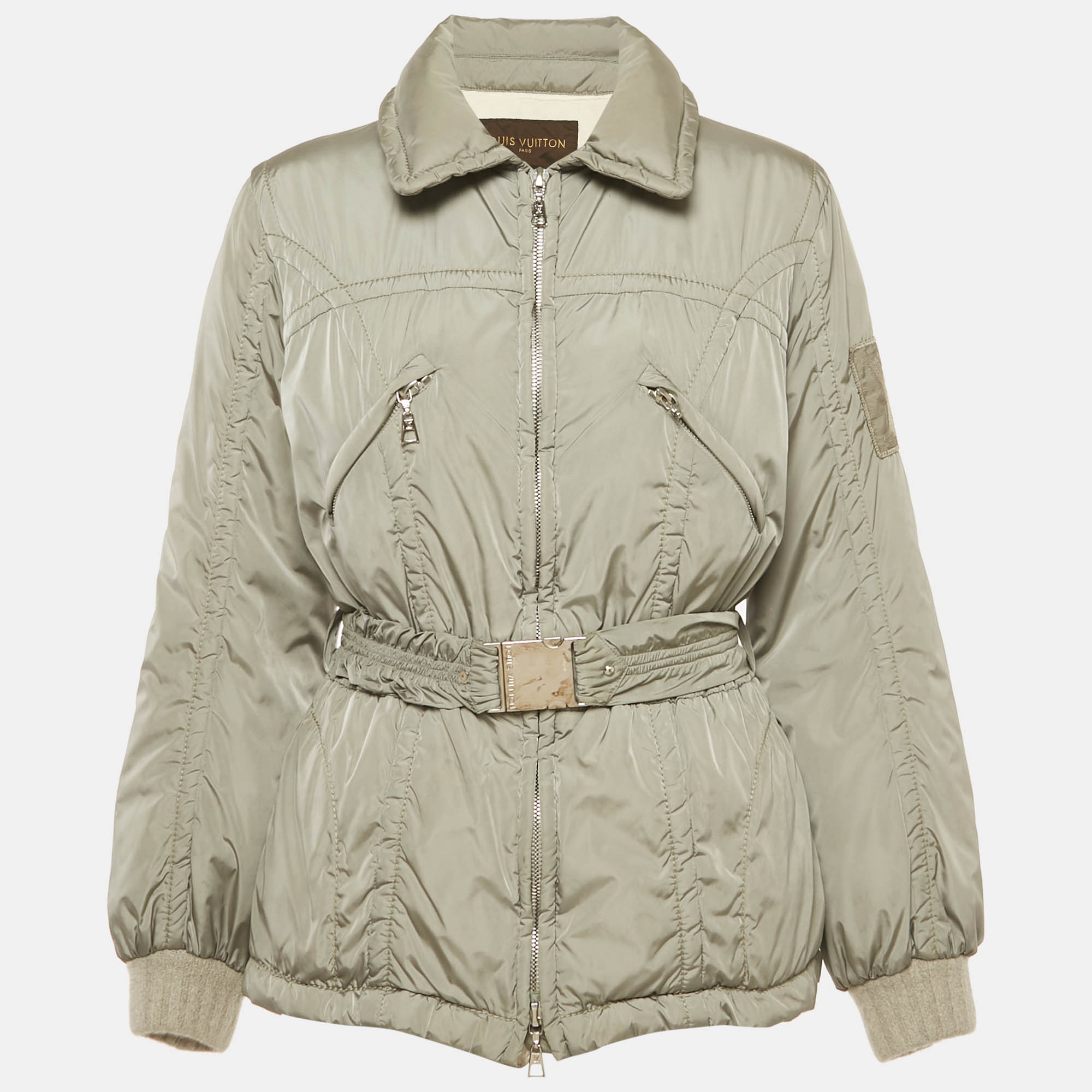 Pre Owned Louis Vuitton Grey Nylon Zip-Up Belted Down Jacket M