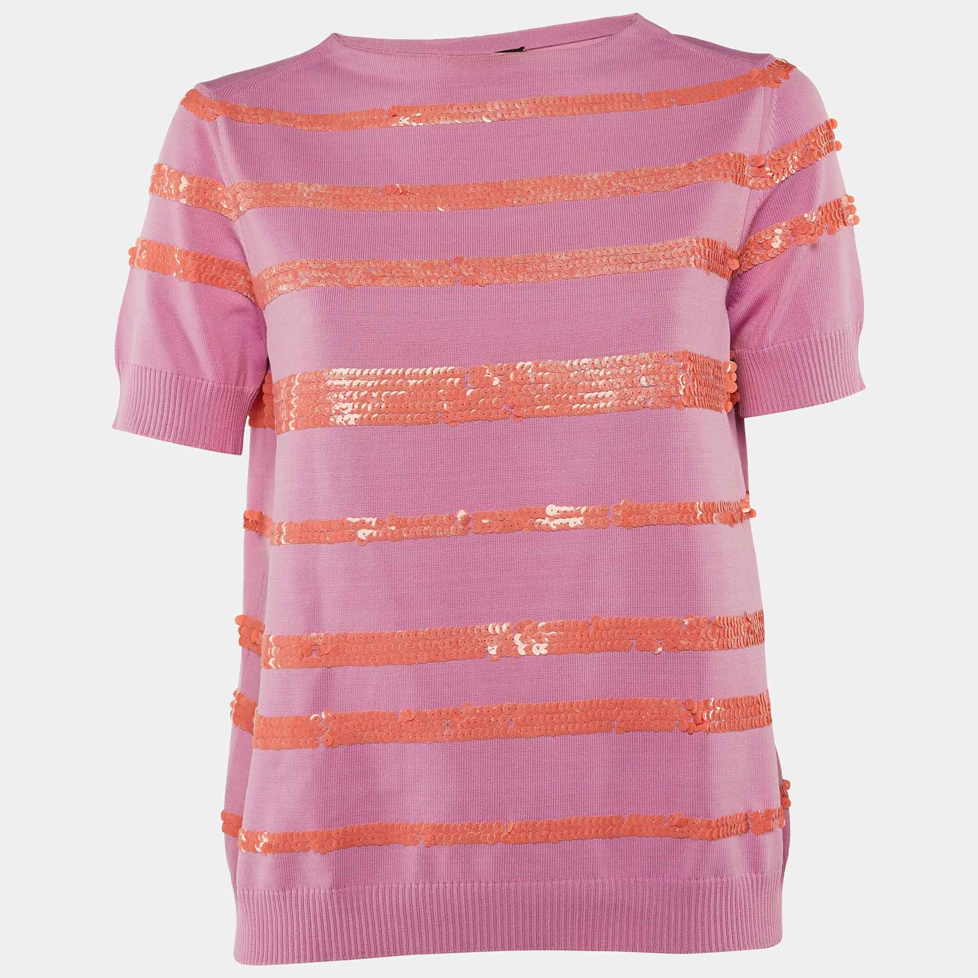 Pre Owned Louis Vuitton Pink Sequin Striped Knit Short Sleeve Jumper L