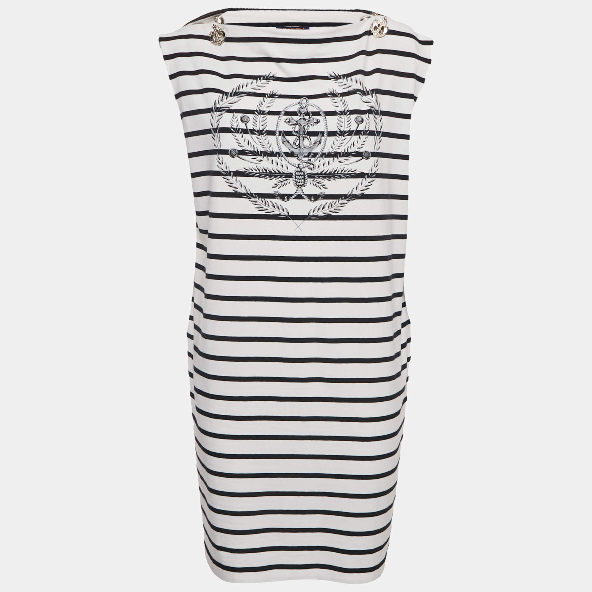 Pre Owned Louis Vuitton White & Navy Blue Striped Cotton Knit Chain Detail Dress XL