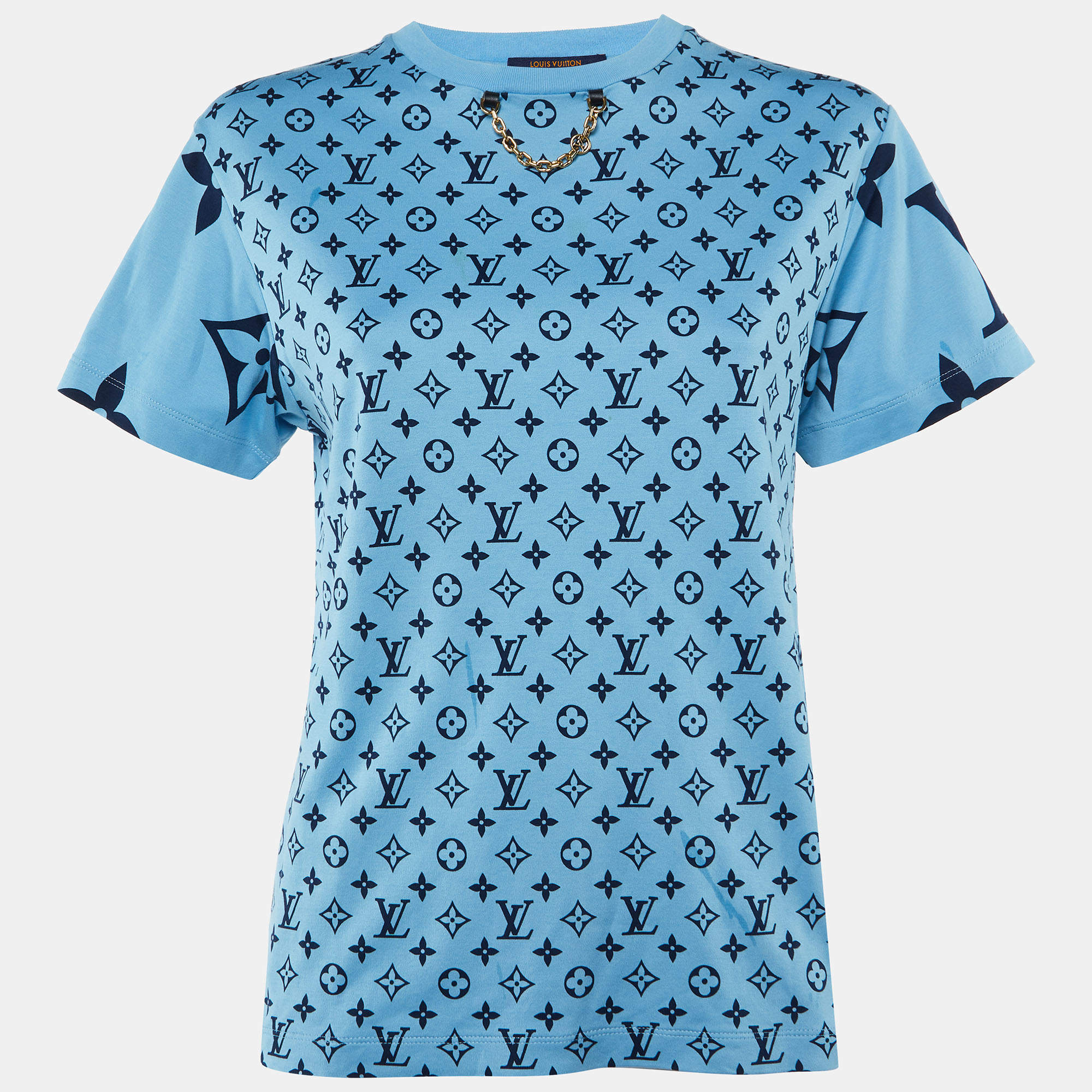 Pre Owned Louis Vuitton Blue Logo Printed Cotton Knit T-Shirt S