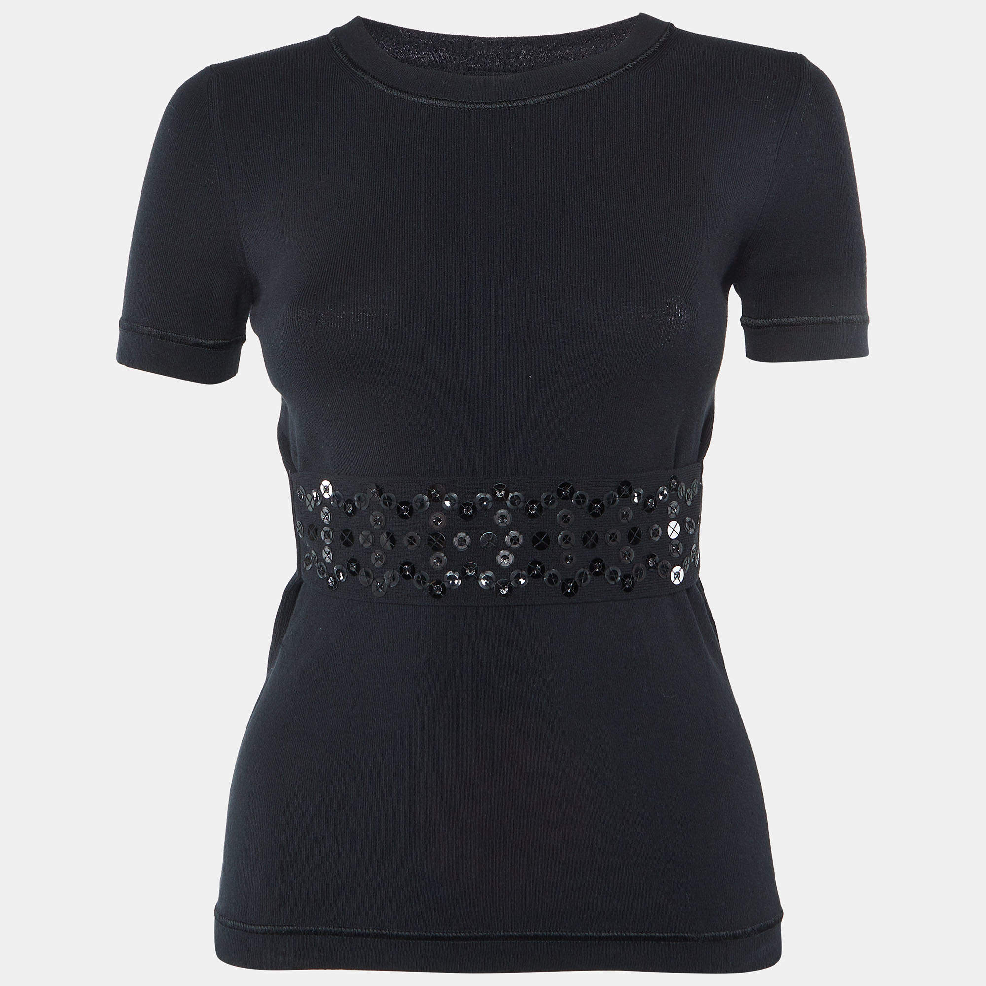 Pre Owned Louis Vuitton Black Stretch Knit Embellished Panel Top S