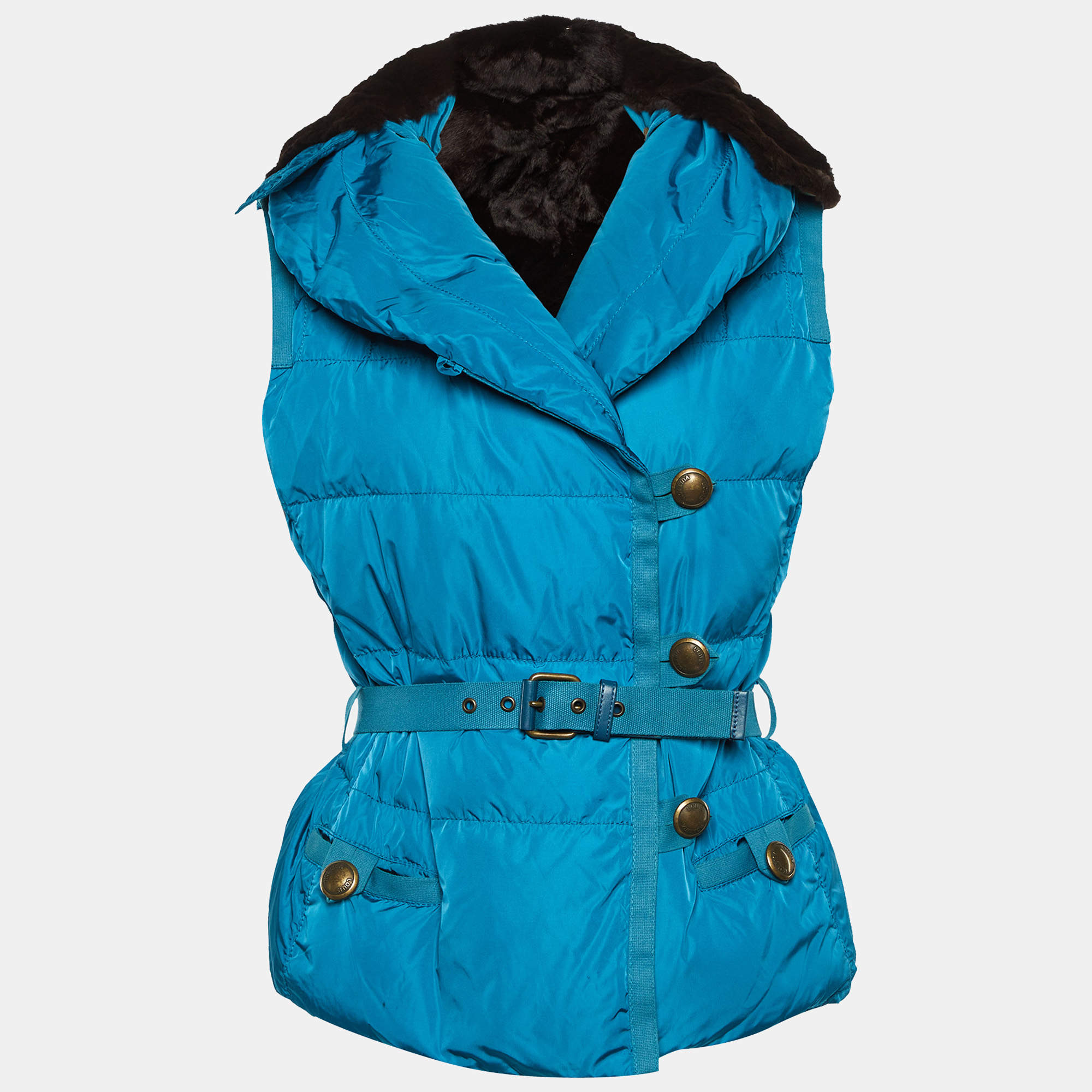 Pre Owned Louis Vuitton Blue Synthetic Belted Hooded Quilte Jacket S