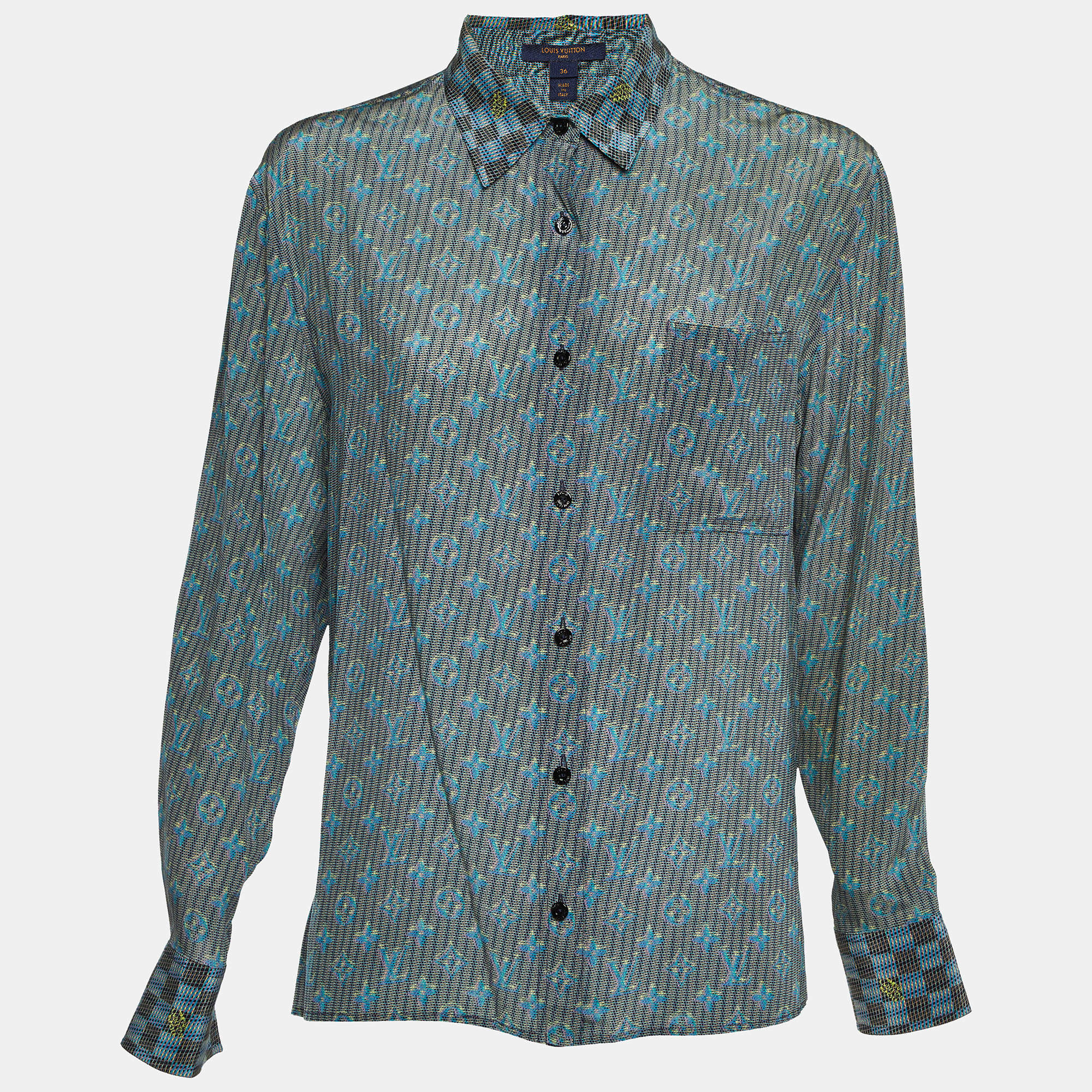 Pre Owned Louis Vuitton Blue Logo Print Silk Button Front Shirt S