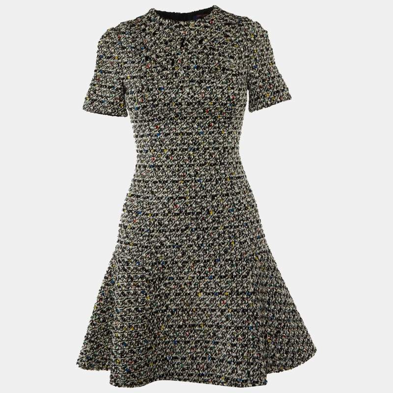 Pre Owned Louis Vuitton Monochrome Embellished Tweed Mini Dress S