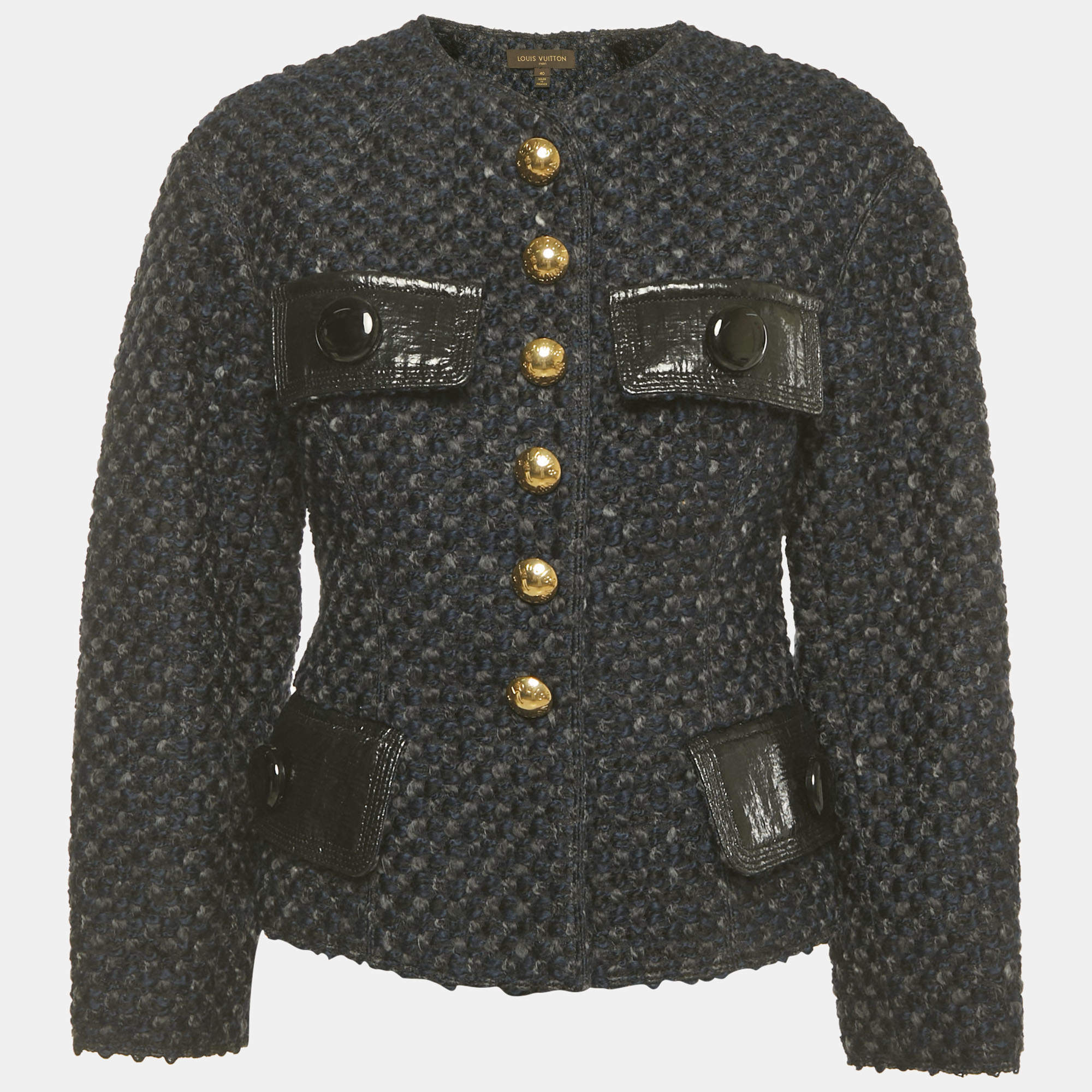 مملوكة مسبقًا Louis Vuitton Navy Blue Patterned Wool Blend Buttoned Jacket M 
