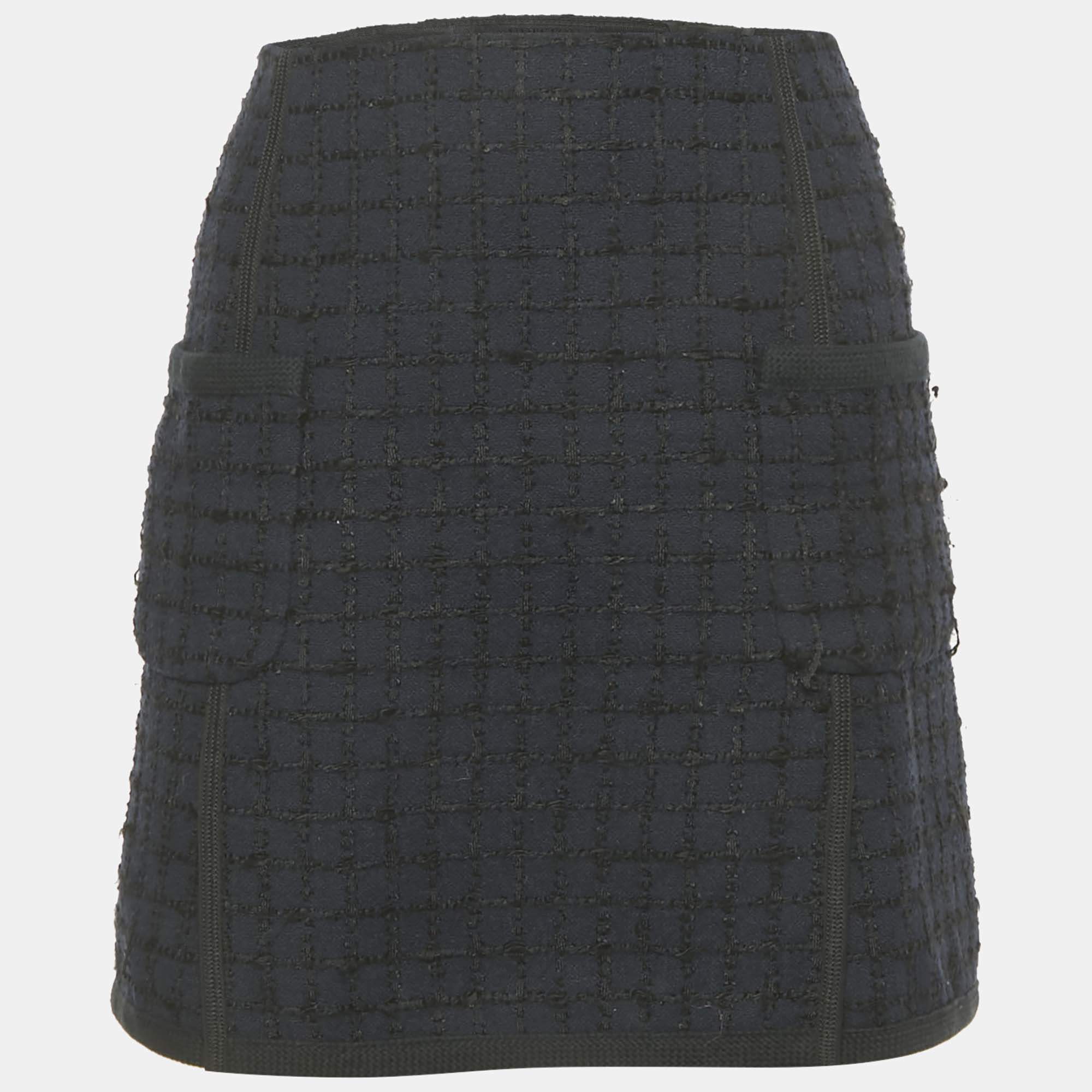 Pre Owned Louis Vuitton Navy Blue Tweed Mini Skirt M