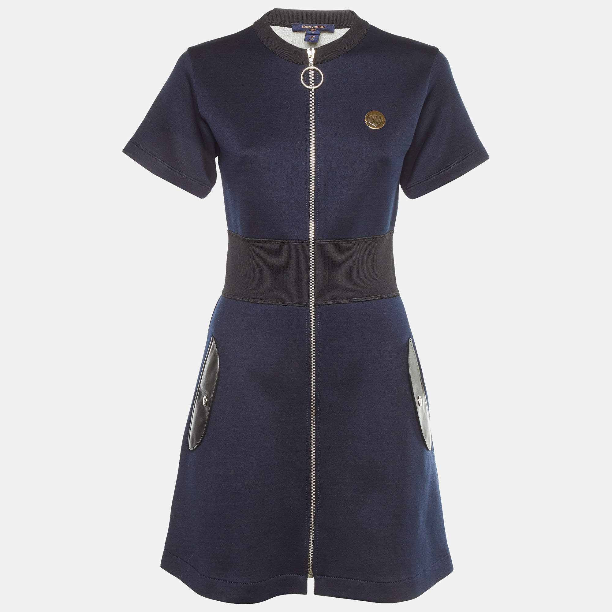 Pre Owned Louis Vuitton Navy Blue Cotton Jersey Zip Front Dress S