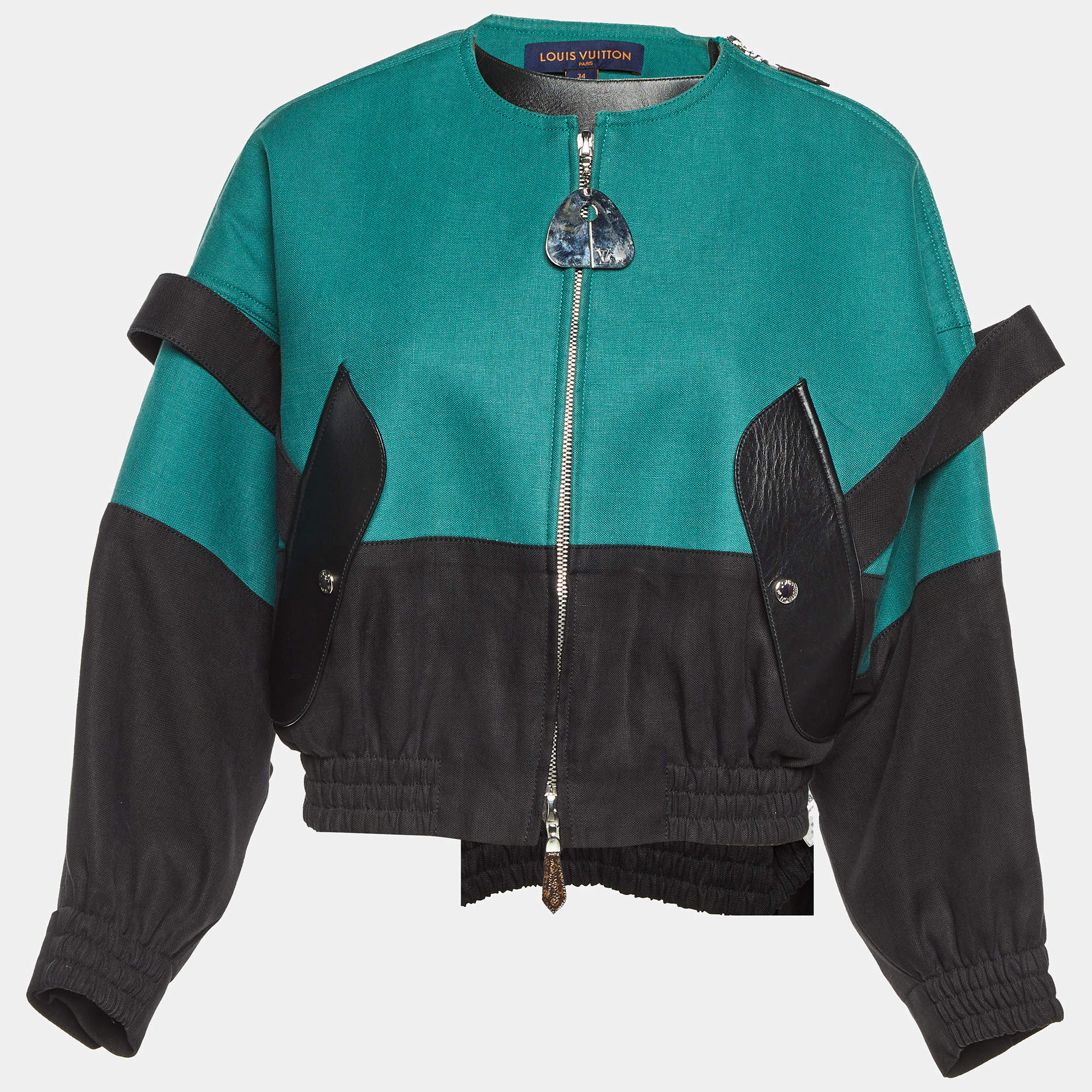 Pre Owned Louis Vuitton Green Linen Leather Trim Bomber Jacket S