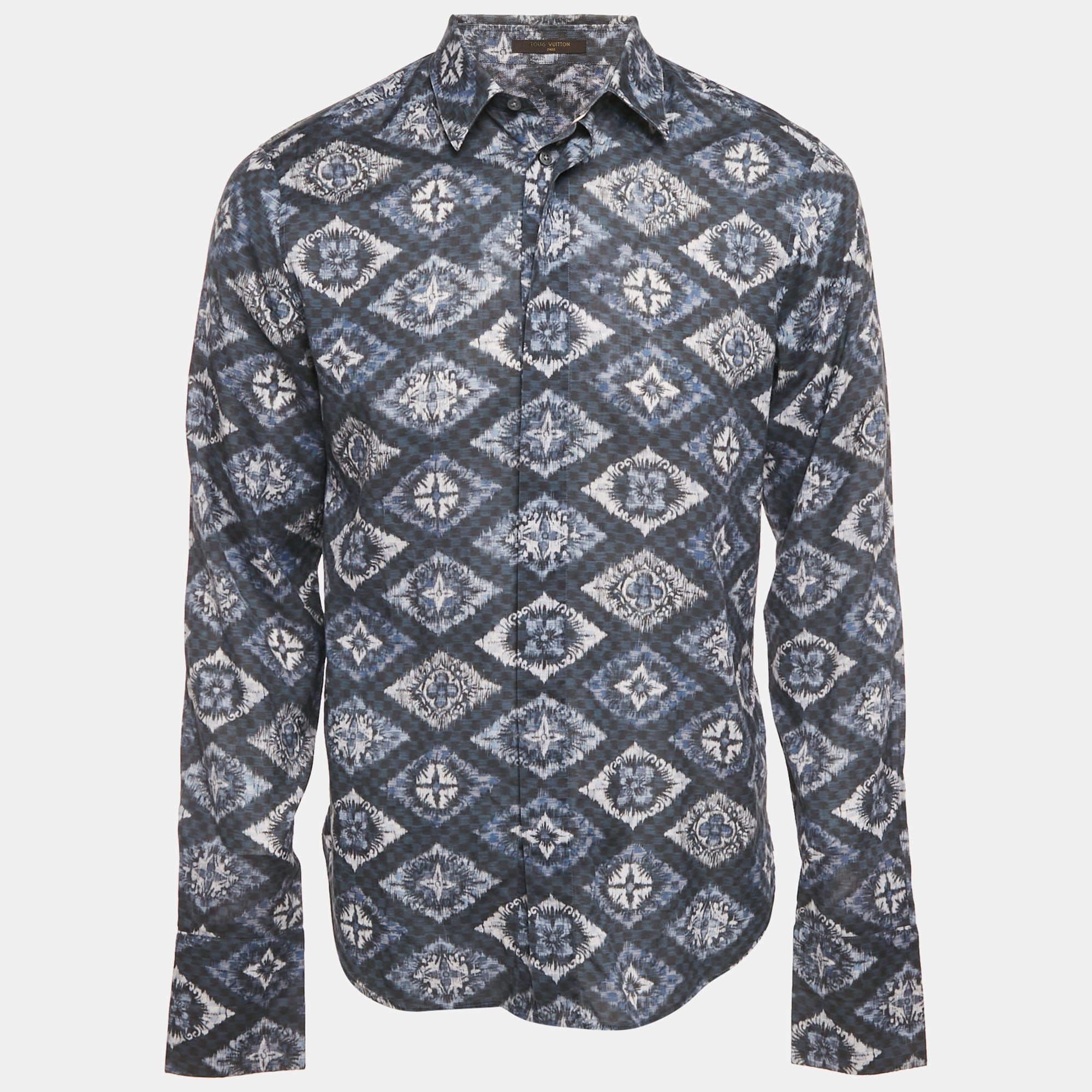 Pre Owned Louis Vuitton Blue/Grey Logo Print Cotton Long Sleeve Shirt M
