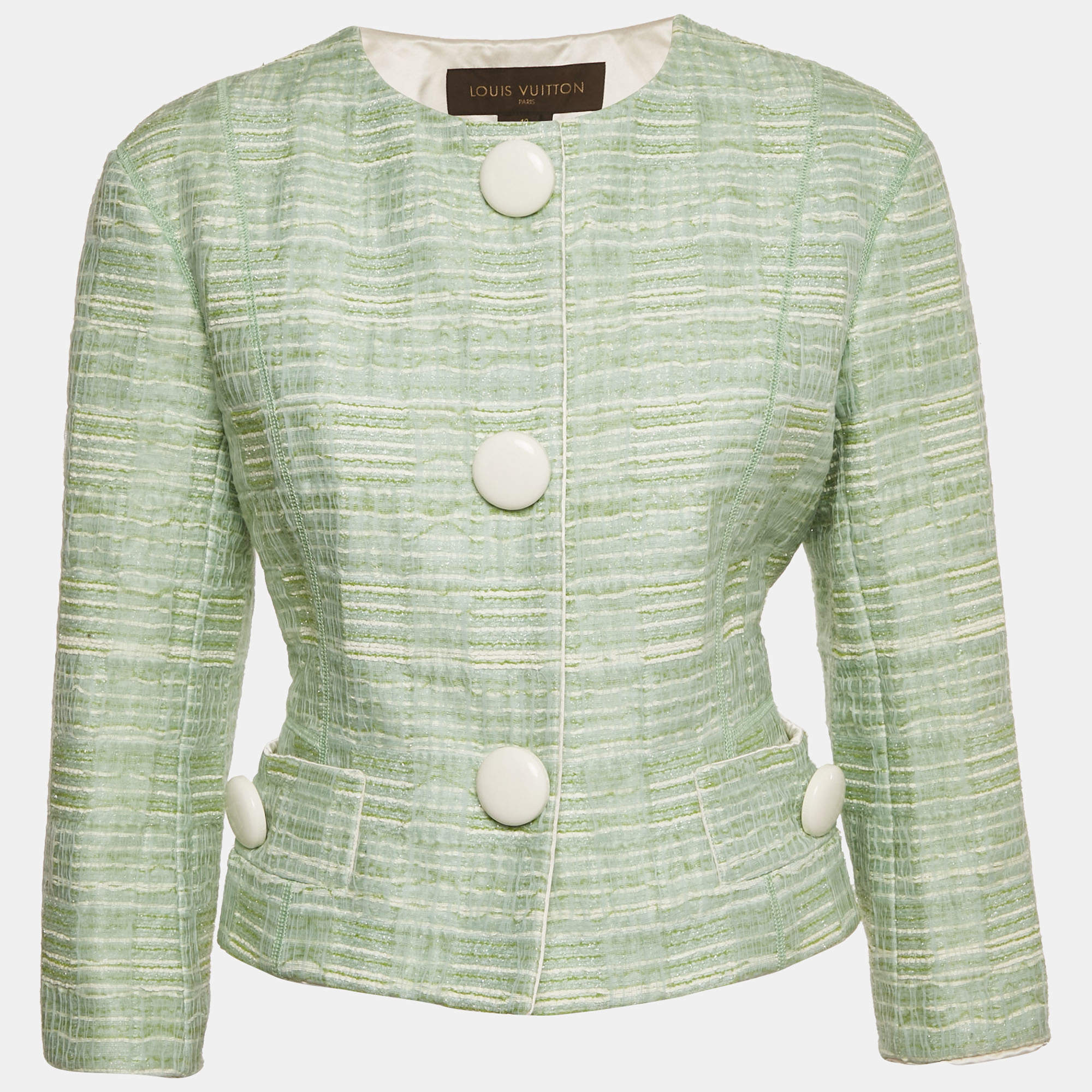 Pre Owned Louis Vuitton Green Tweed Button Front Jacket M
