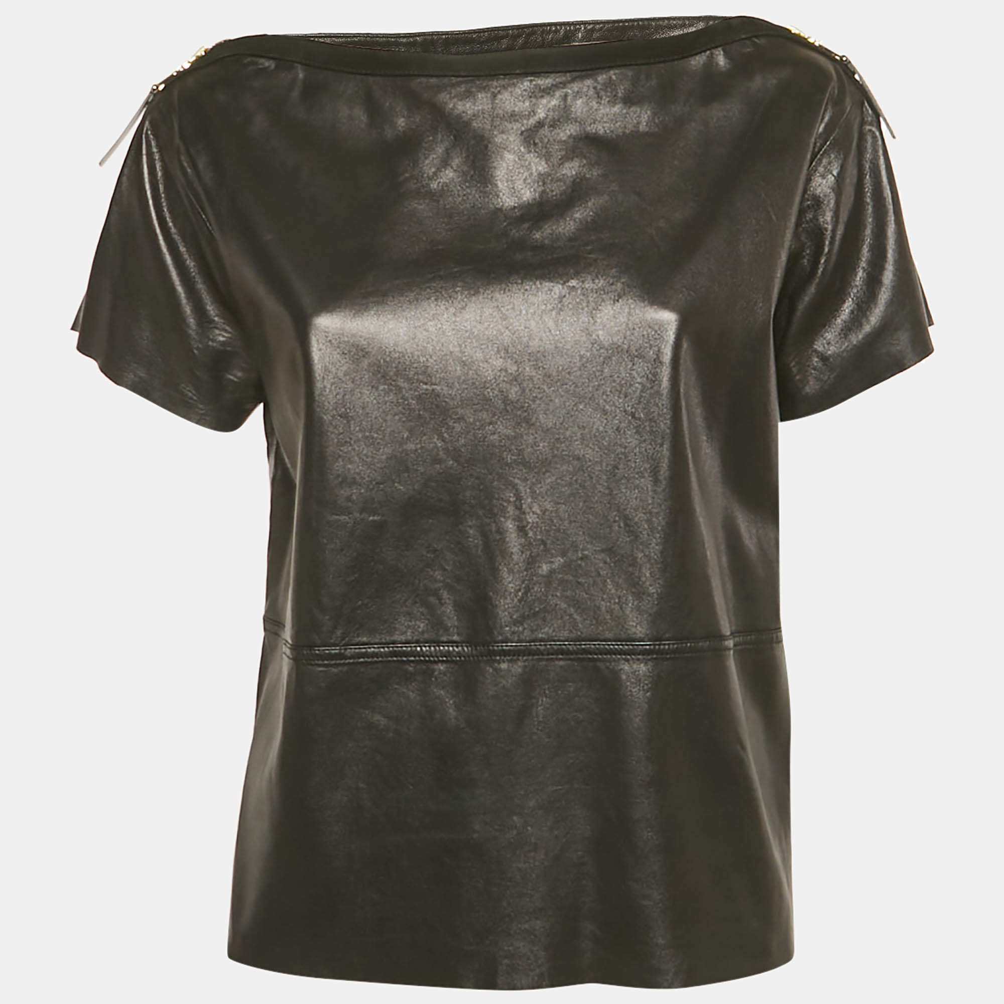 Pre Owned Louis Vuitton Black Leather Zip Detail Top M