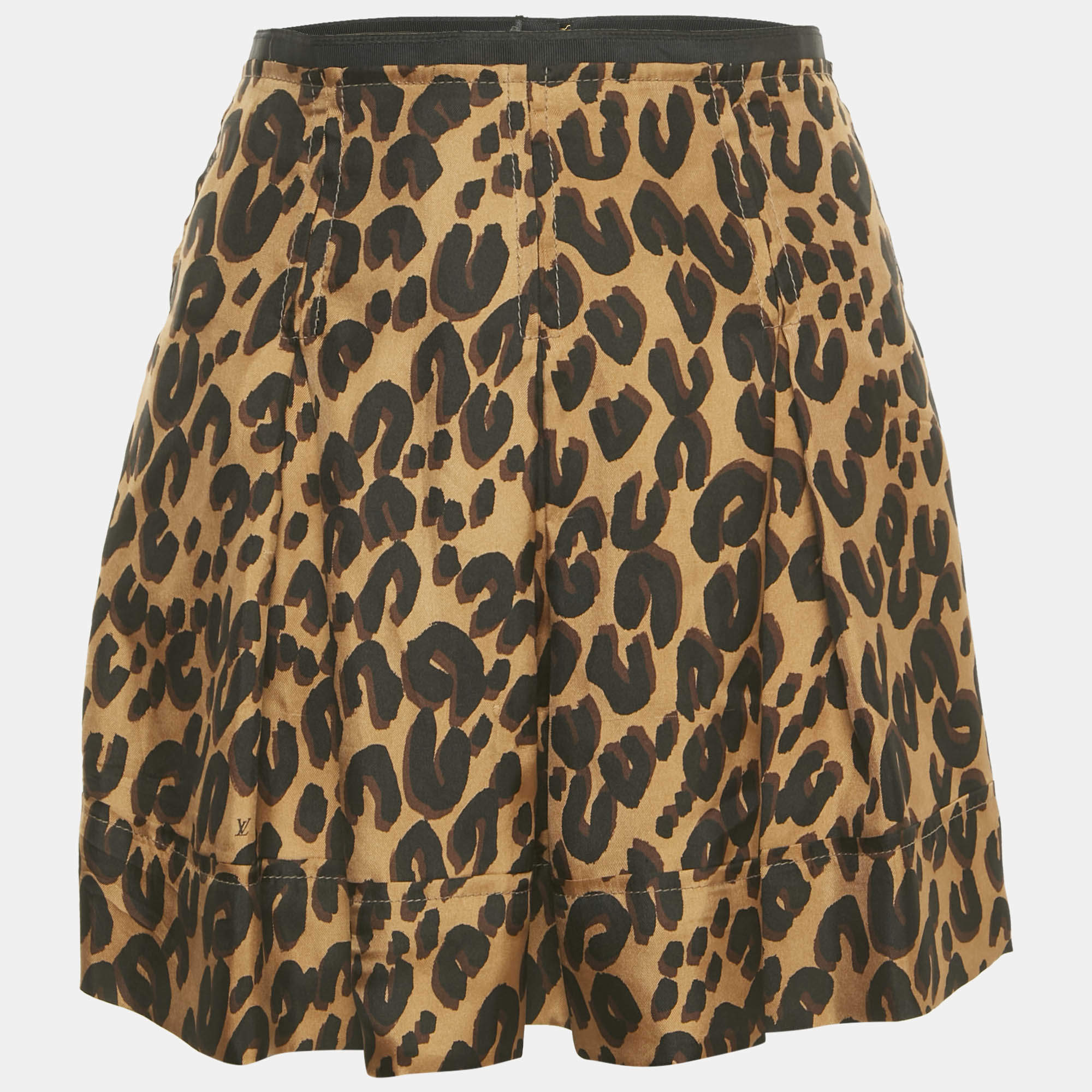 Pre Owned Louis Vuitton Brown Animal Print Silk Pleated Mini Skirt M