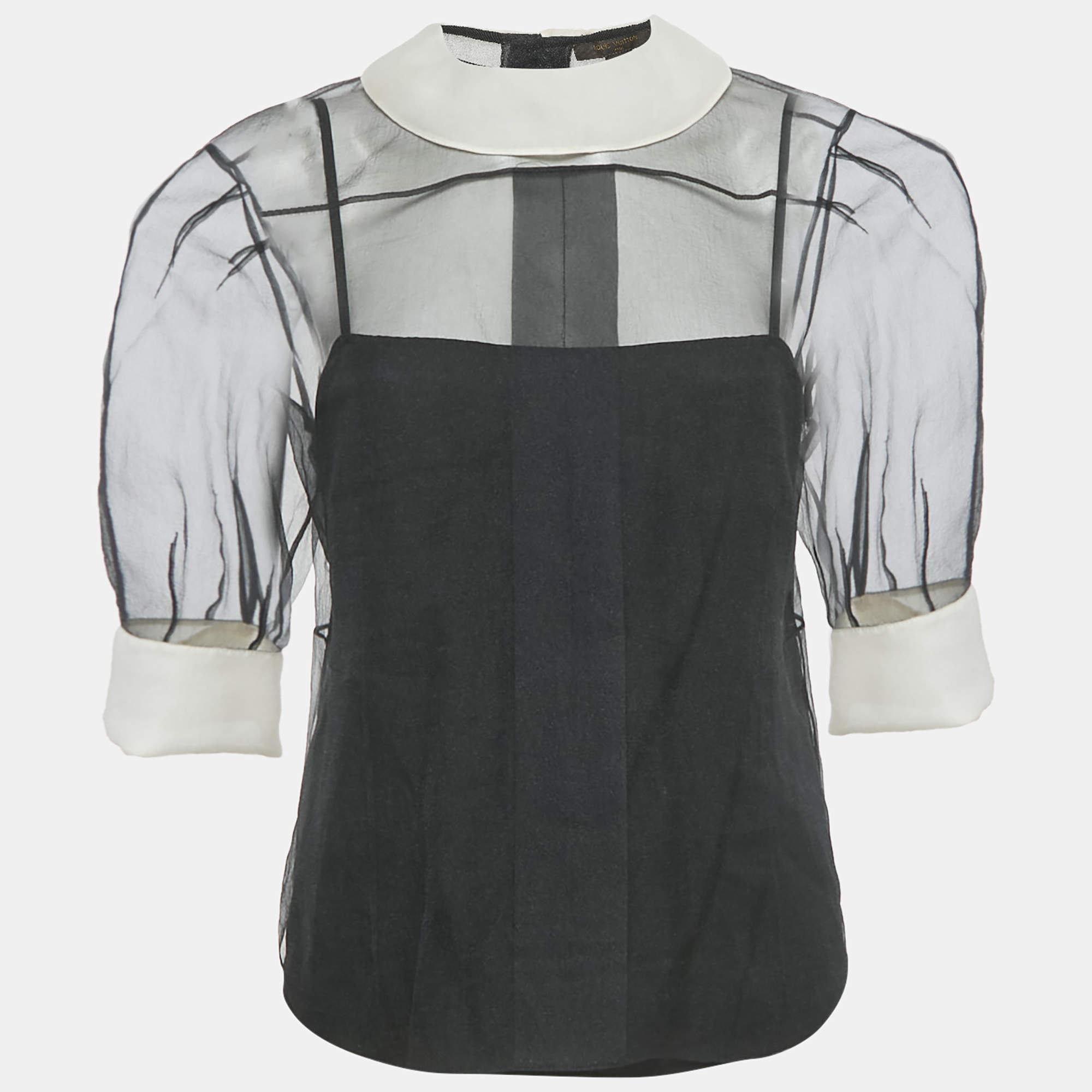 مملوكة مسبقًا بلوزة لويس فيتون كريب شفاف أسود بأكمام منفوخة مقاس متوسط