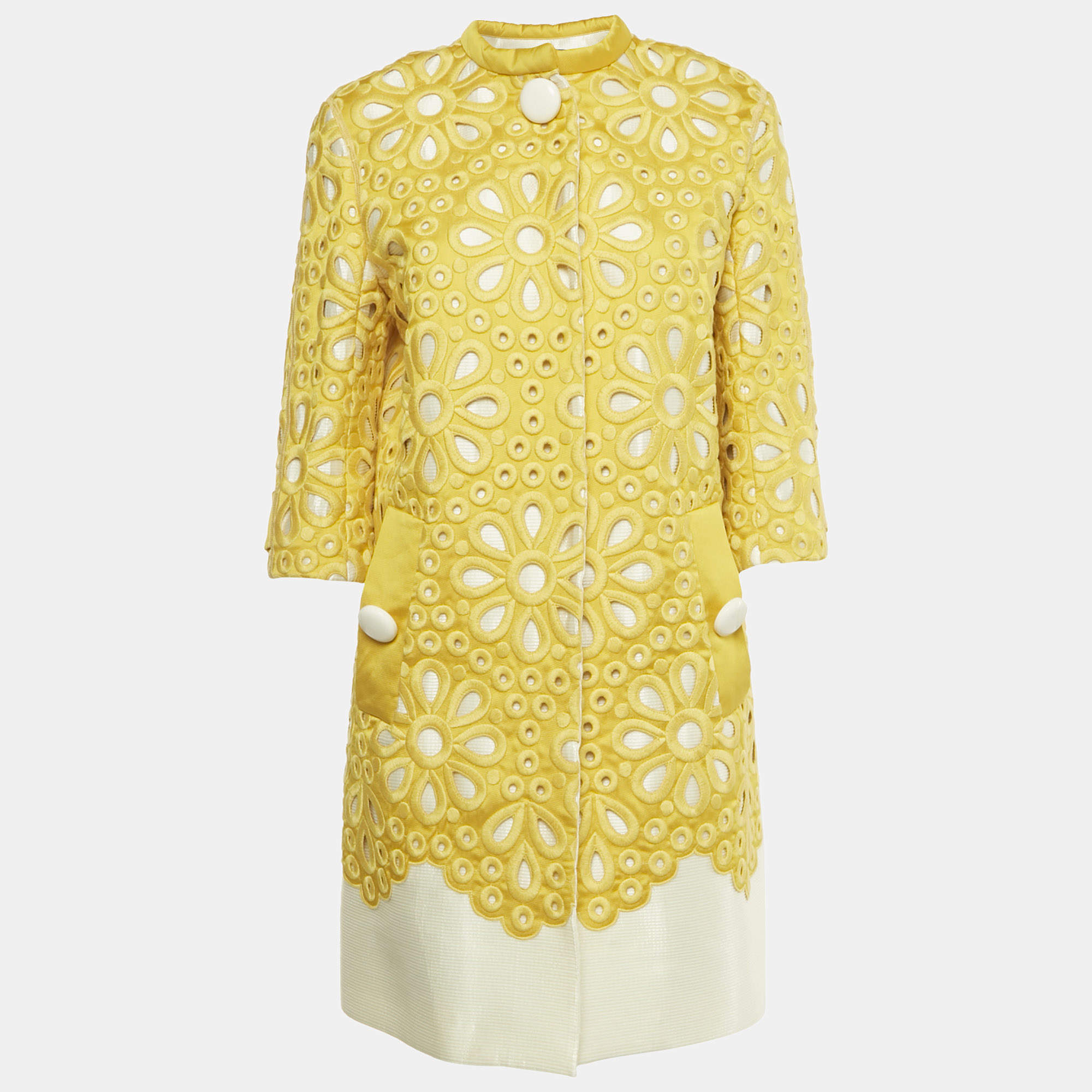 Pre Owned معطف قصير لوي فيتون أصفر نايلون مفصل بفتحات زهور مقاس صغير (سمول)