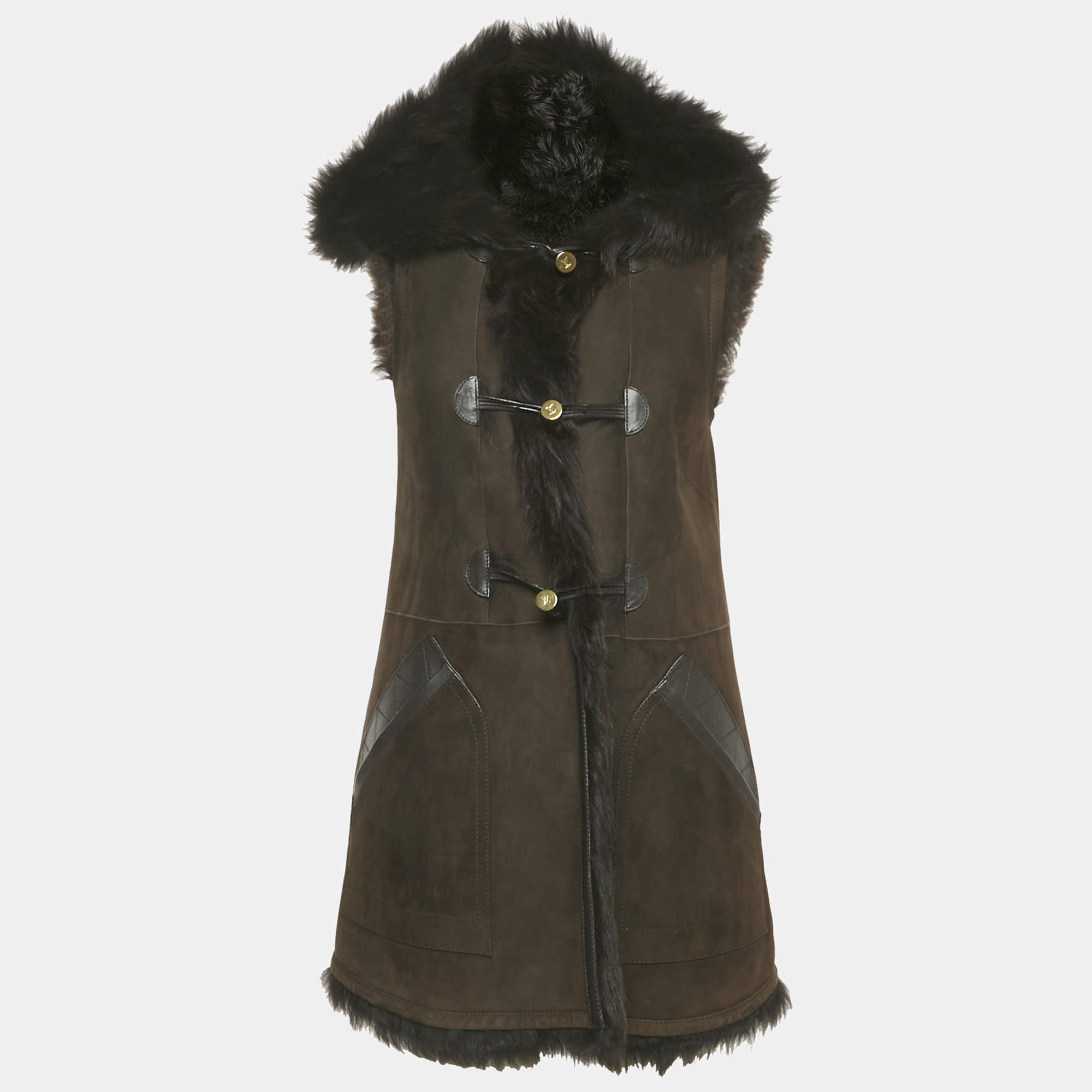 Pre Owned Louis Vuitton Brown Leather Reversible Mouton Fur Gilet Coat S