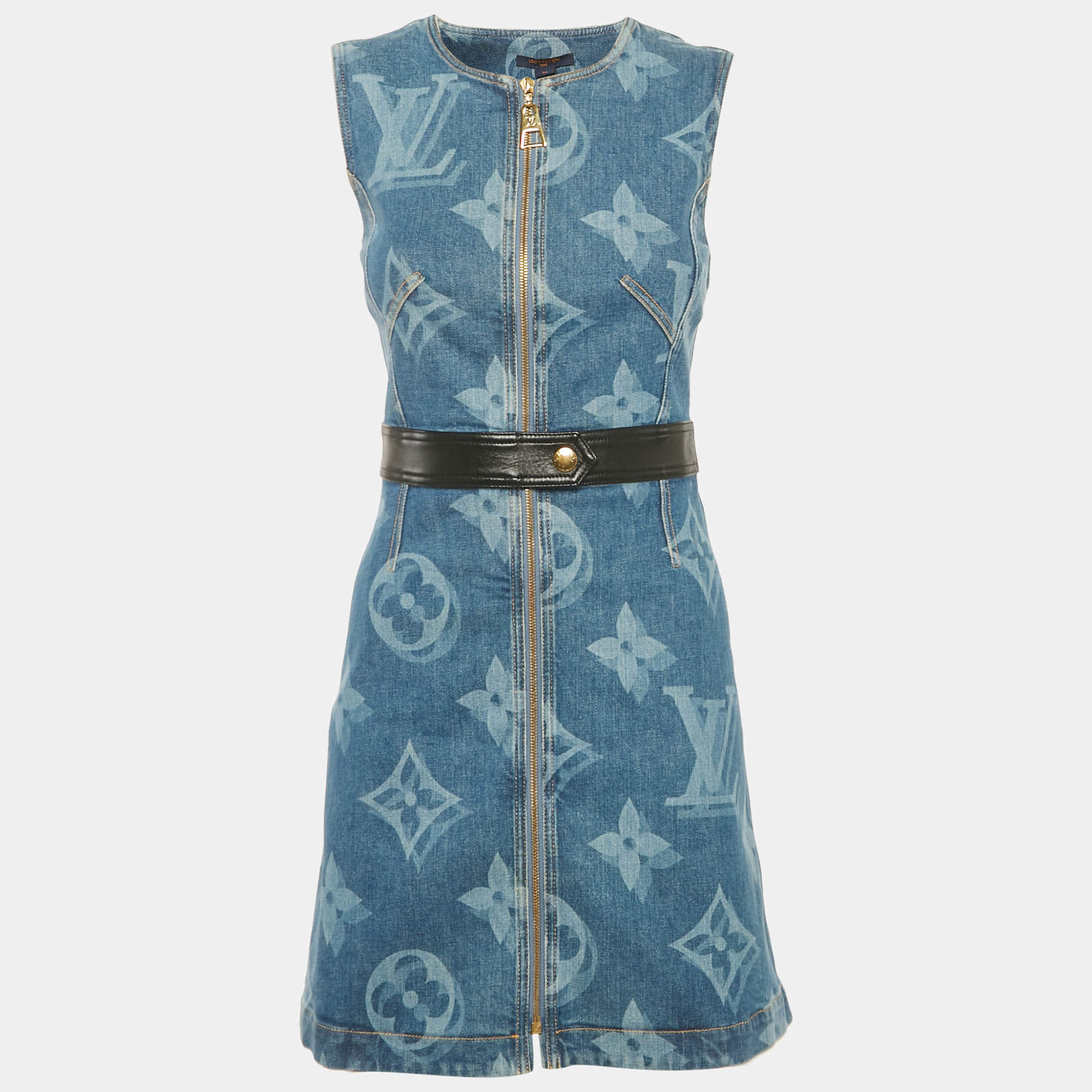 Pre Owned Louis Vuitton Blue Logo Print Denim Mini Dress S