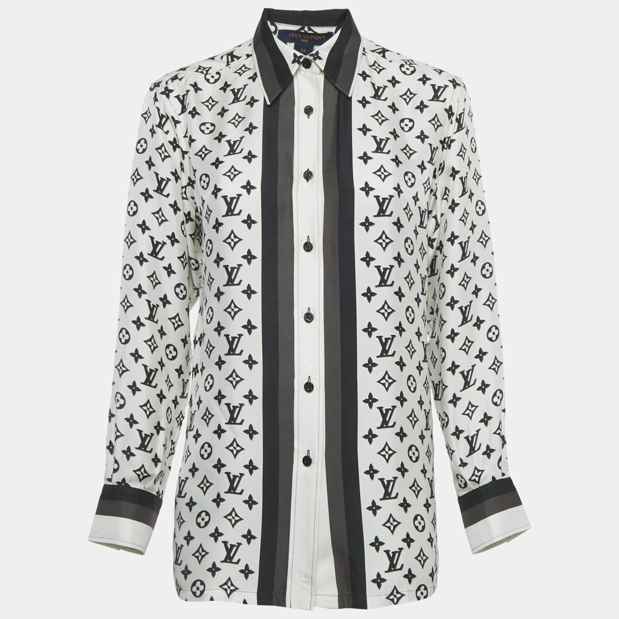 Pre Owned بلوزة لويس فيتون حرير طباعة شعار أبيض مقاس صغير