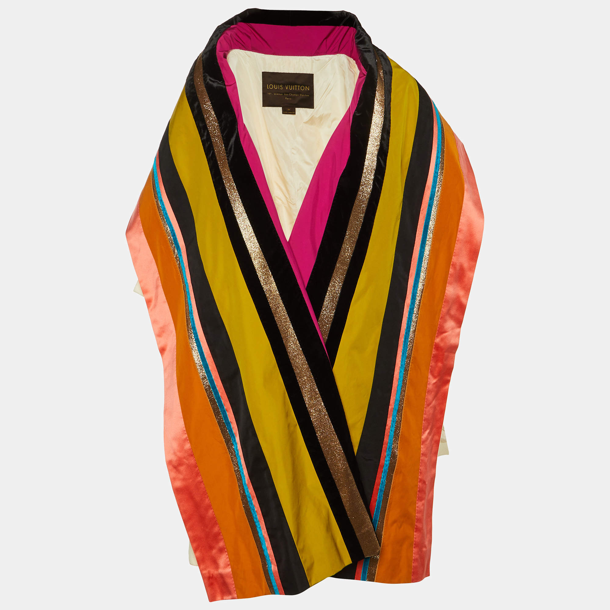 Pre Owned Louis Vuitton Ivory/Muticolor Striped Scarf Detail Coat M