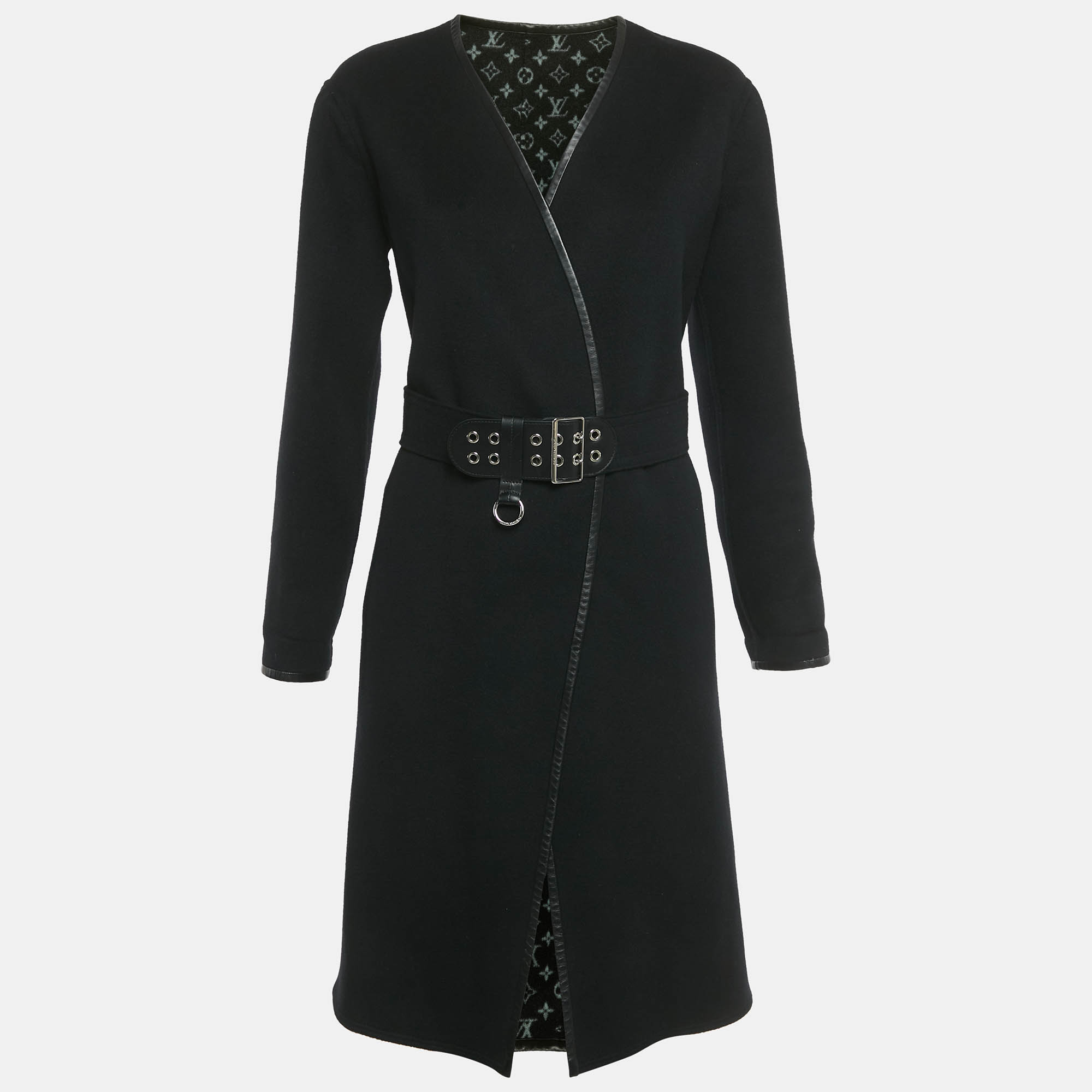 مملوكة مسبقًا Louis Vuitton Black Wool Open Front Belted Leather Trim Coat S 