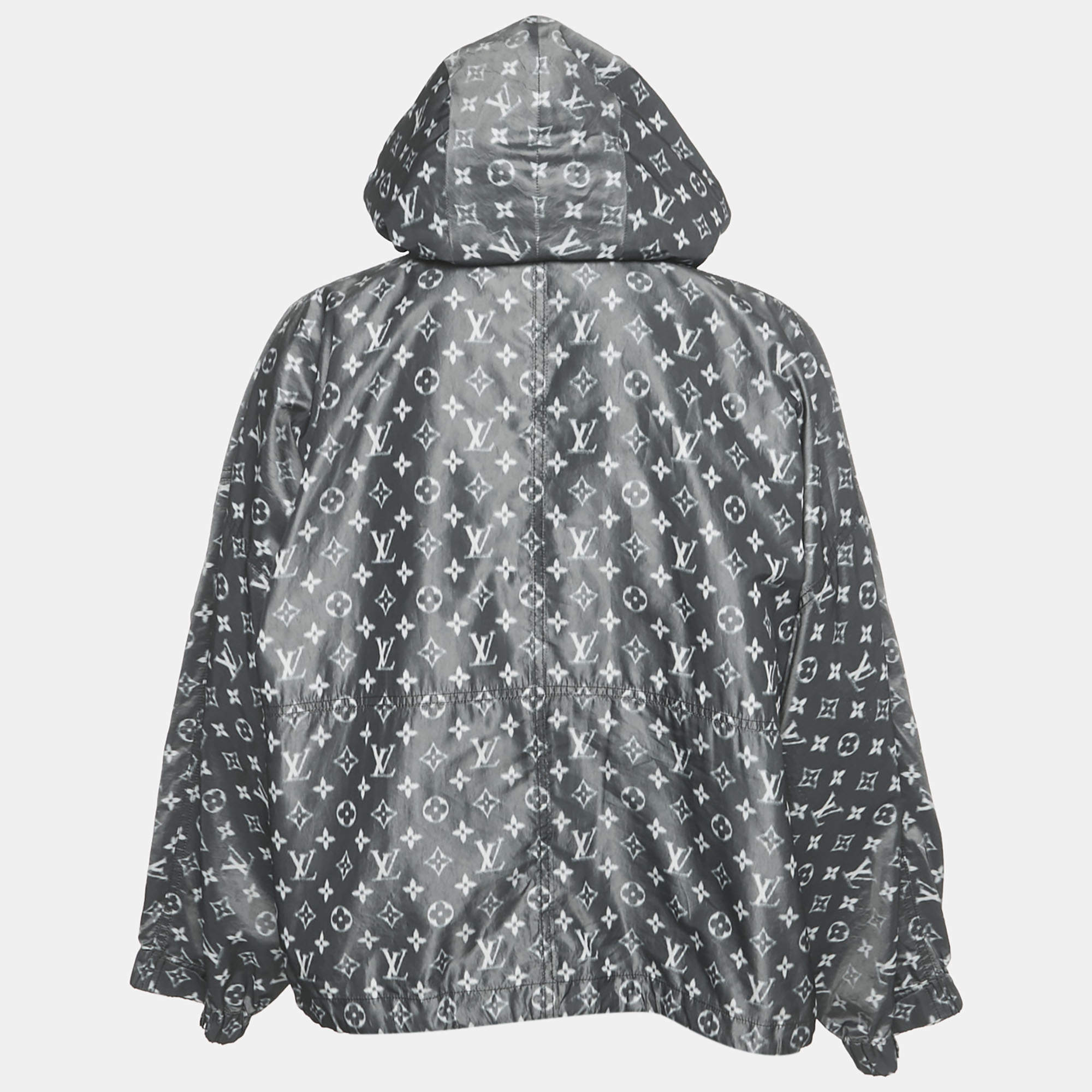 Louis Vuitton Grey Logo Print Silk Blend Zip-Up Hooded Jacket S