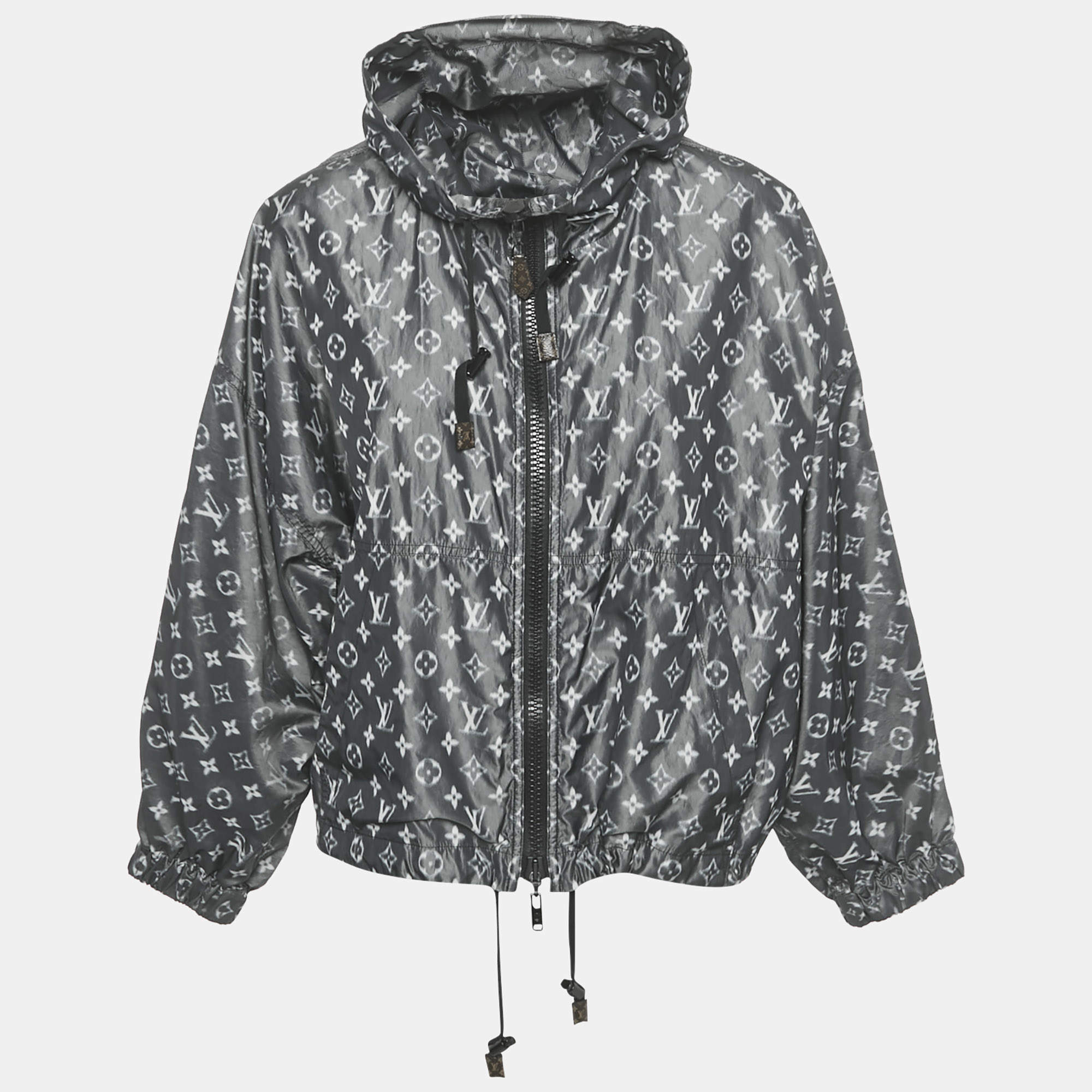 Pre Owned Louis Vuitton Grey Logo Print Silk Blend Zip-Up Hooded Jacket S