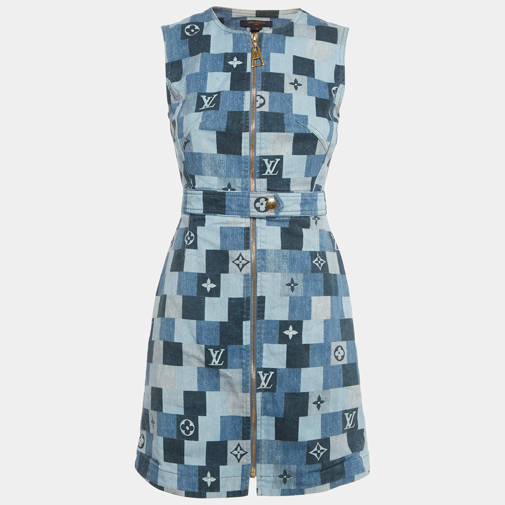 Pre Owned Louis Vuitton Blue Monogram Checks Denim Mini Dress S
