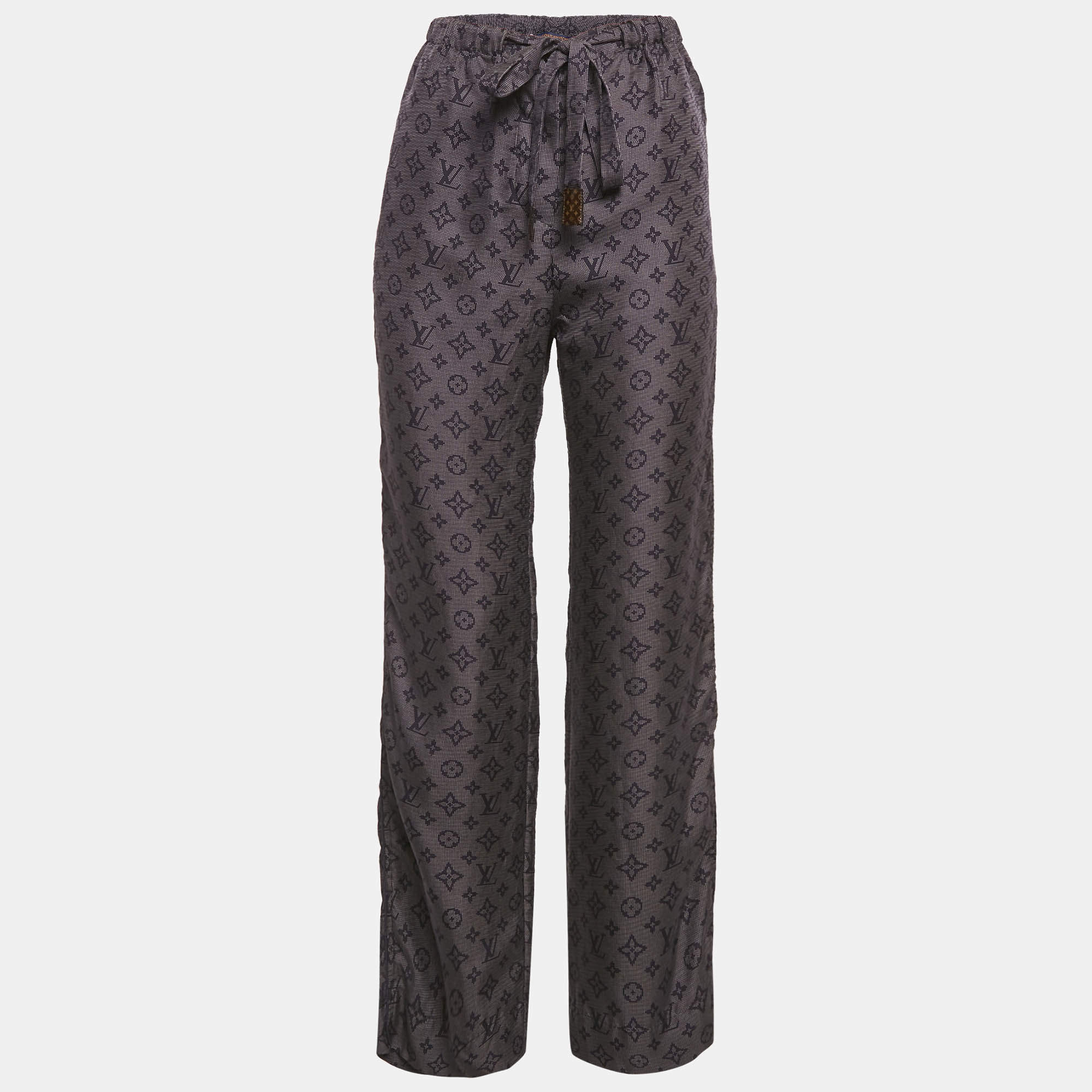 Pre Owned بنطلون لوي فيتون حرير أزرق بحري مونوغرام مع تفاصيل ربط مقاس صغير (سمول)