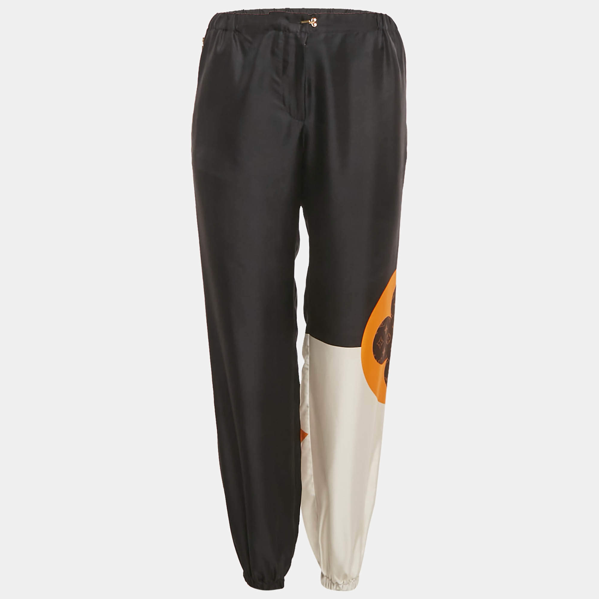Pre Owned Louis Vuitton Black Logo Print Silk Trousers S