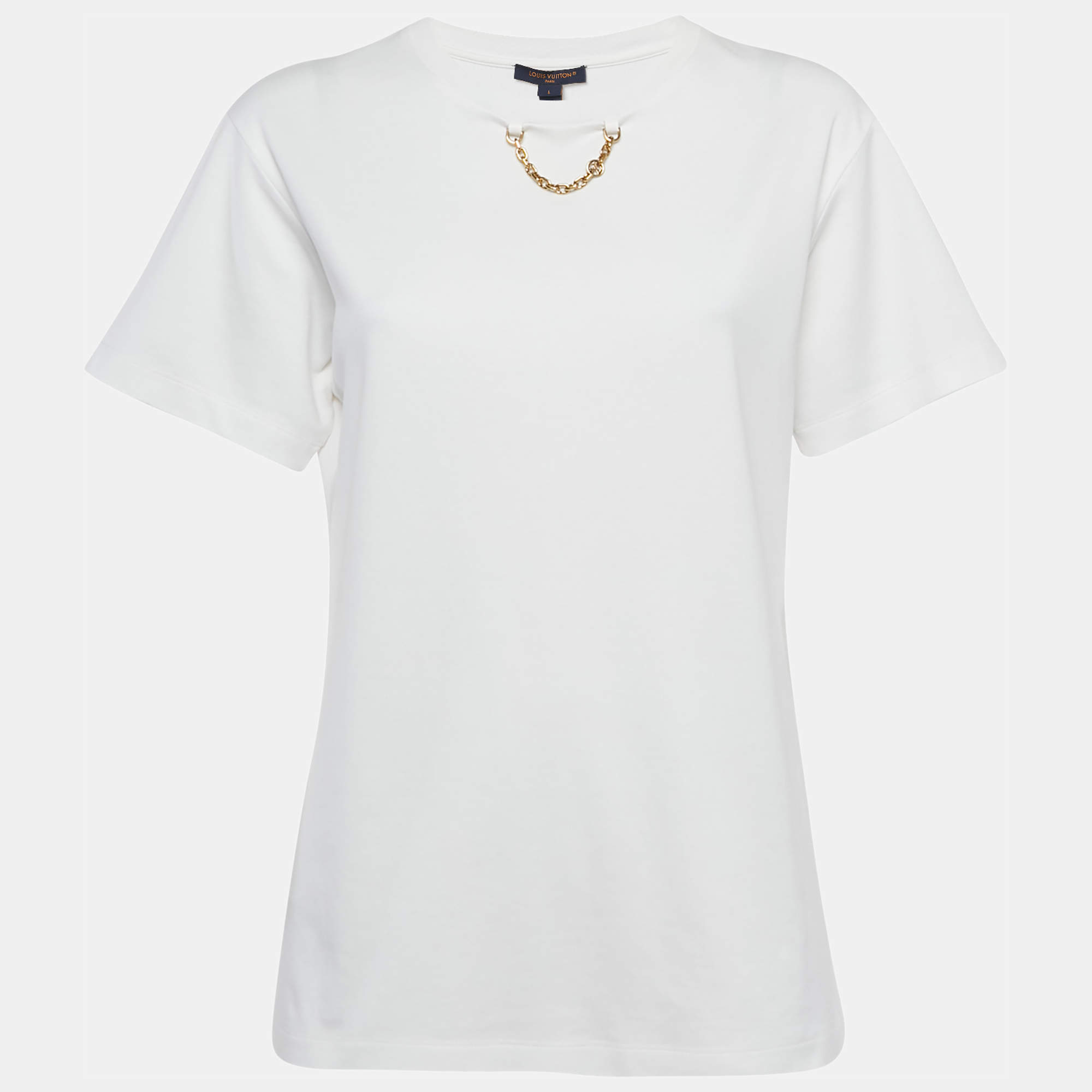 Pre Owned Louis Vuitton White Cotton Chain Detail Crew Neck T-Shirt L