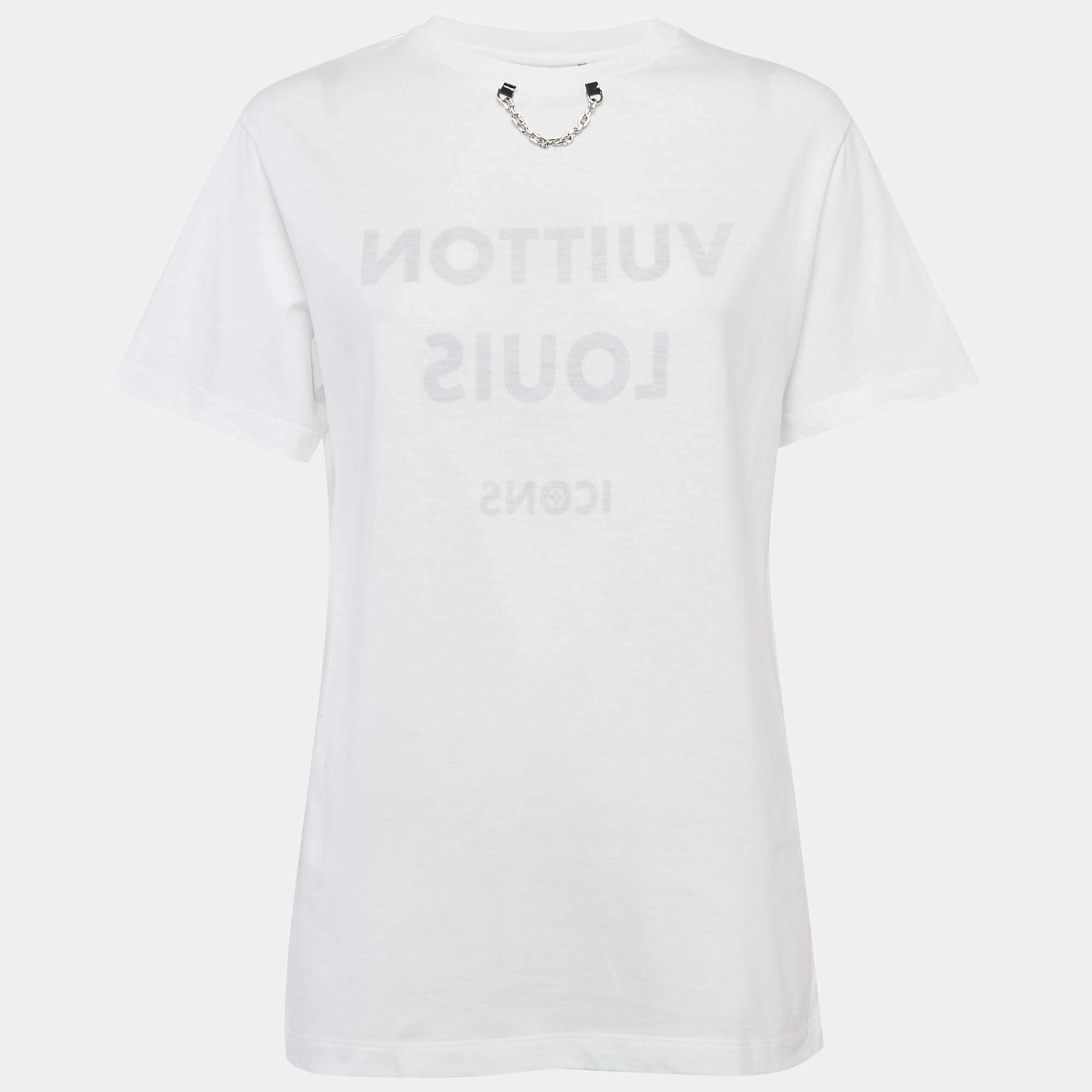 Pre Owned Louis Vuitton White Reverse Logo Print Cotton Crew Neck T-Shirt M