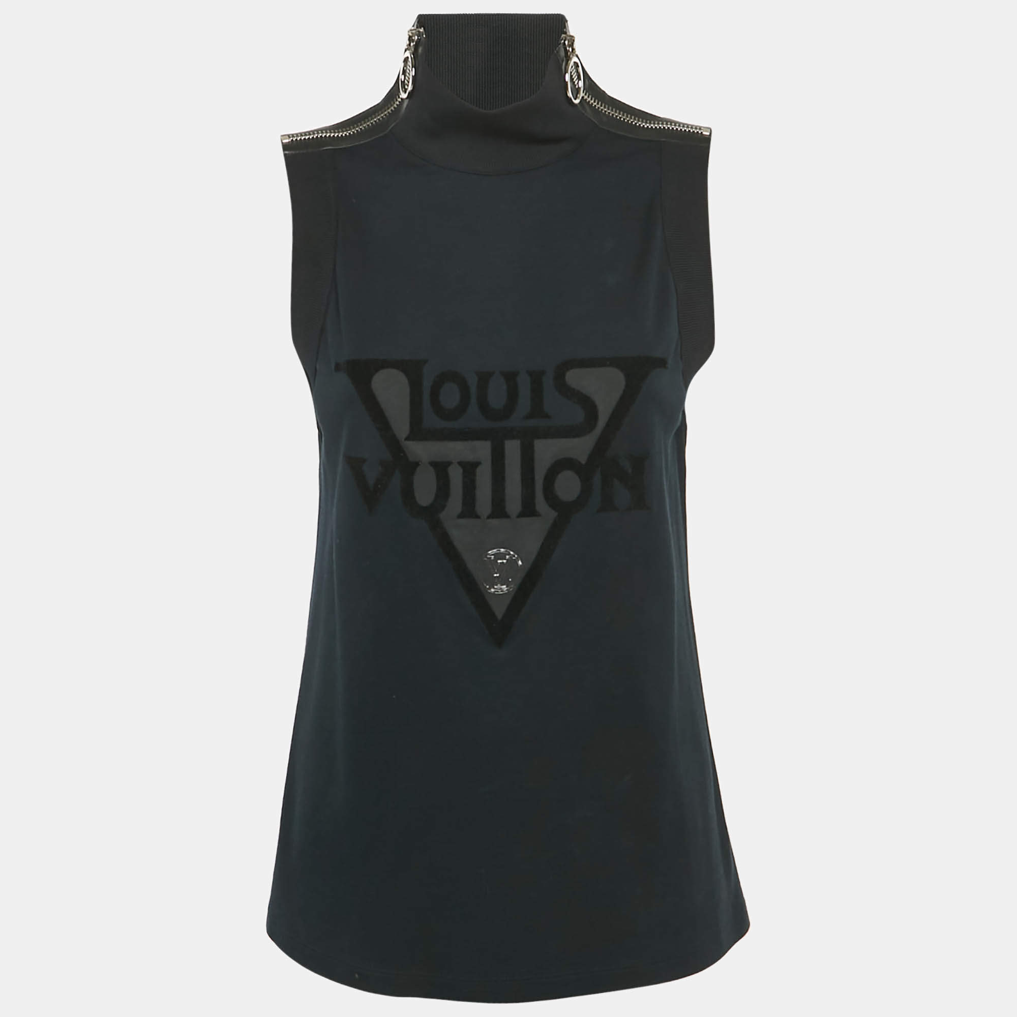 Pre Owned Louis Vuitton Black Logo Print Cotton Zip Detail Sleeveless T-Shirt L