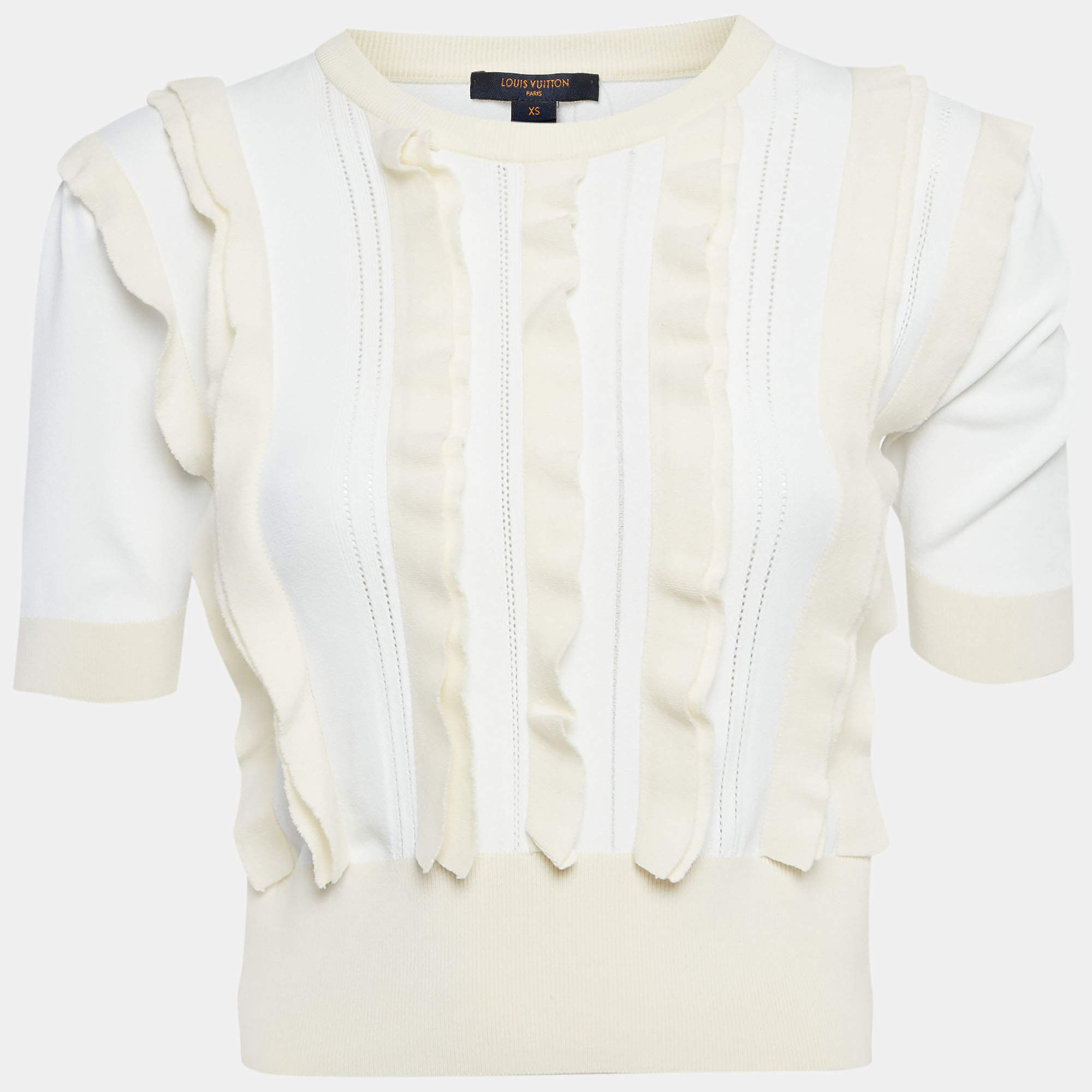 Pre Owned Louis Vuitton White /Cream Knit Ruffled Top XS