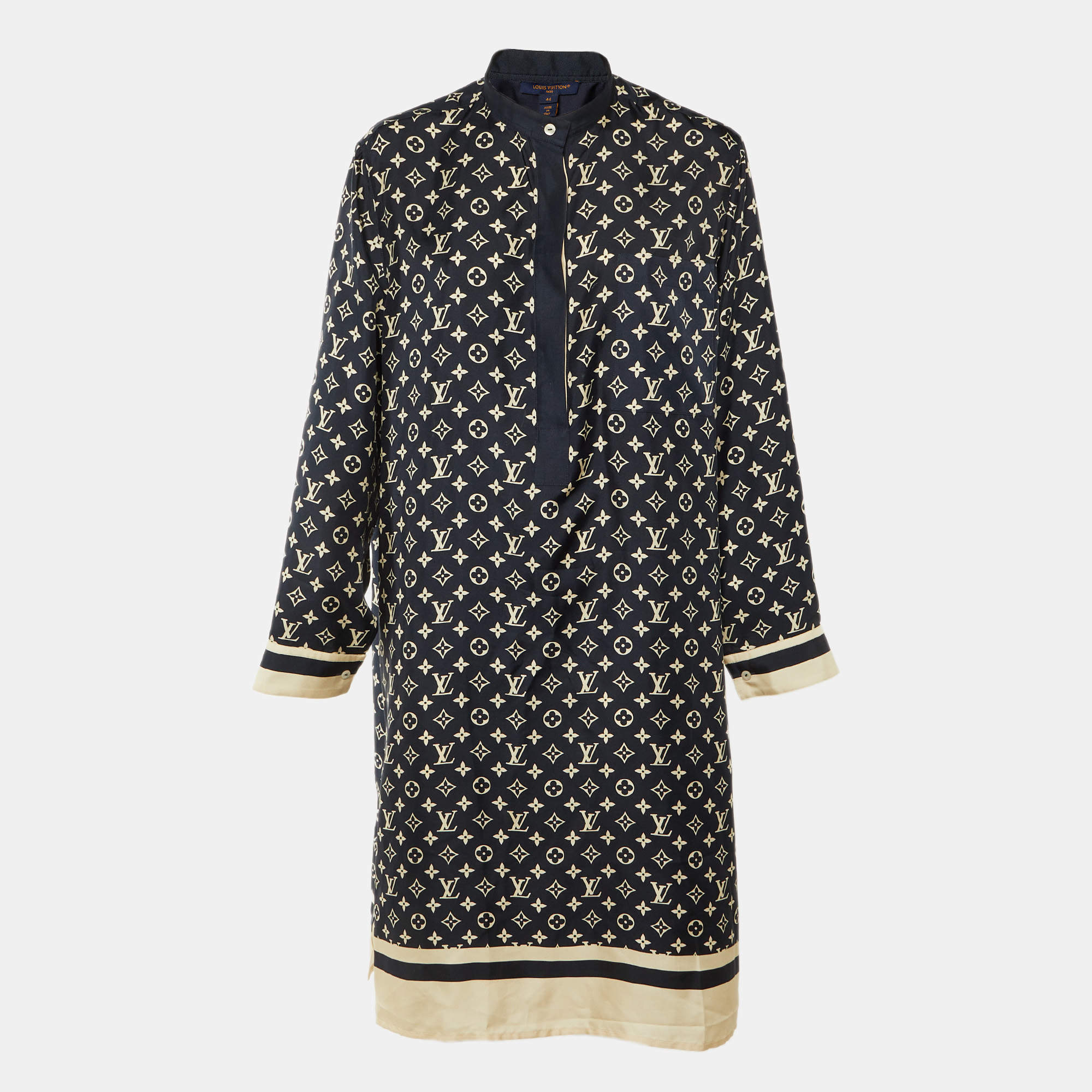 مملوكة مسبقًا فستان لويس فيتون حرير مخطط مونوغرام أزرق بحري مقاس كبير (لارج)