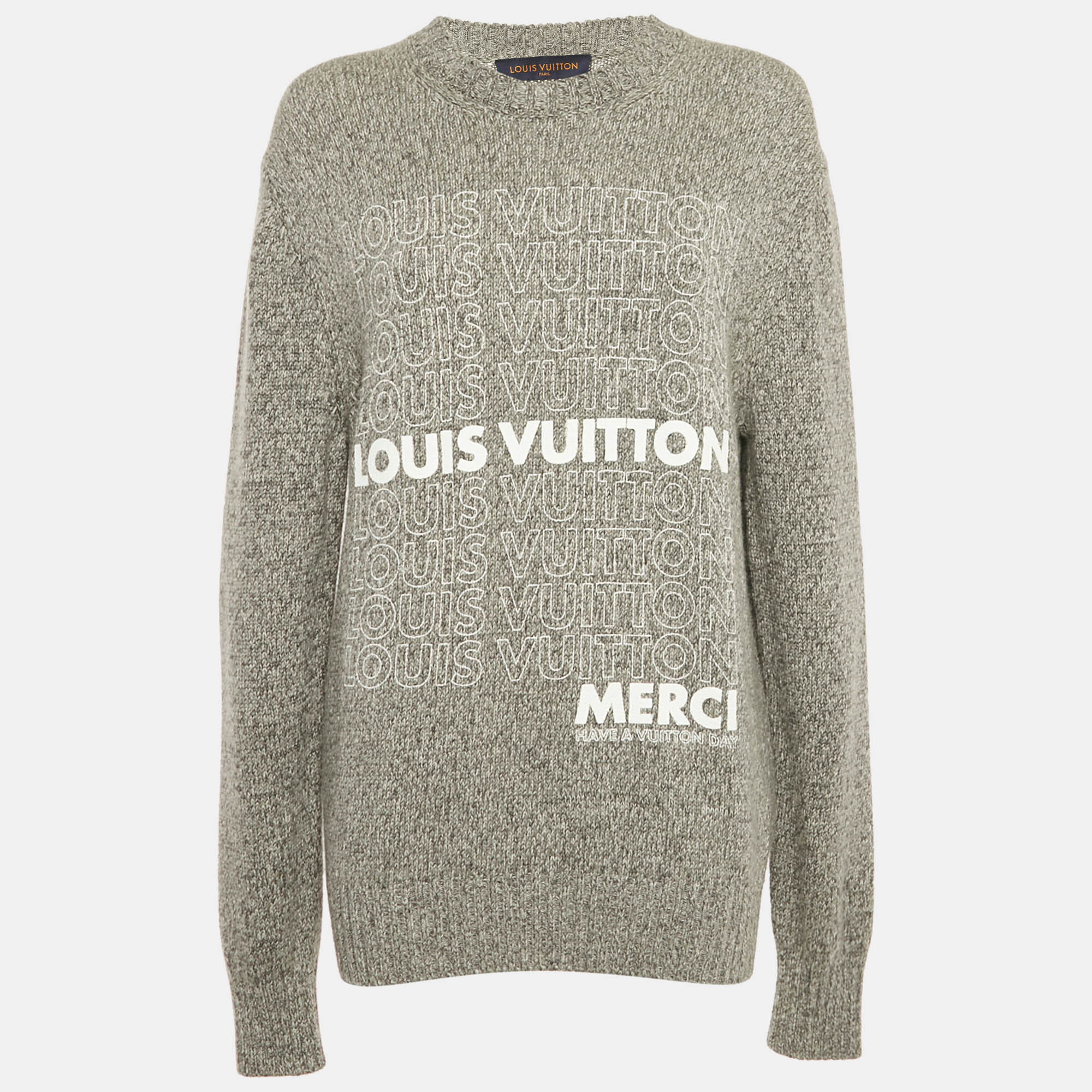 Pre Owned Louis Vuitton Grey Logo Print Rib Knit Sweater M