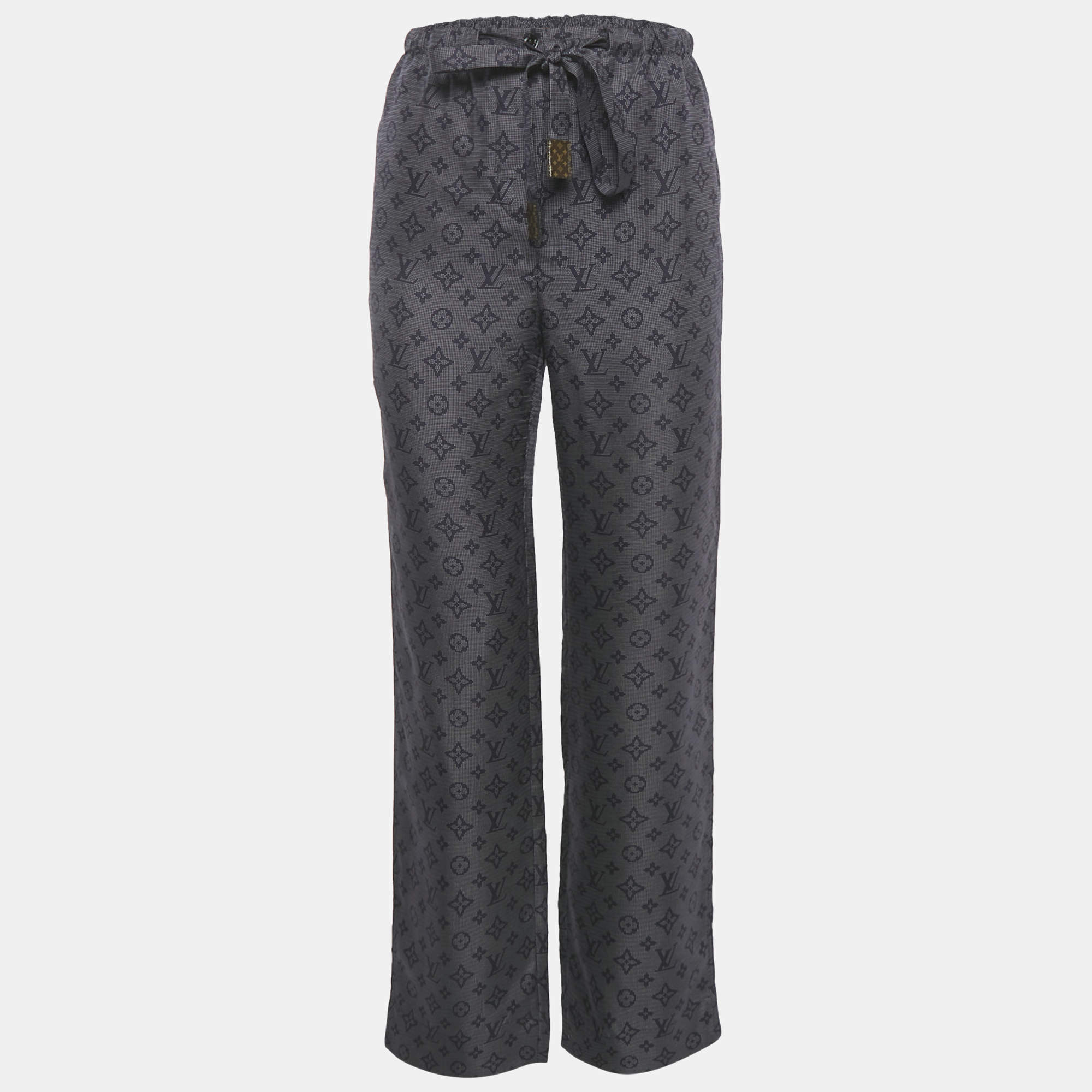 Pre Owned Louis Vuitton Navy Blue Logo Printed Silk Pants S