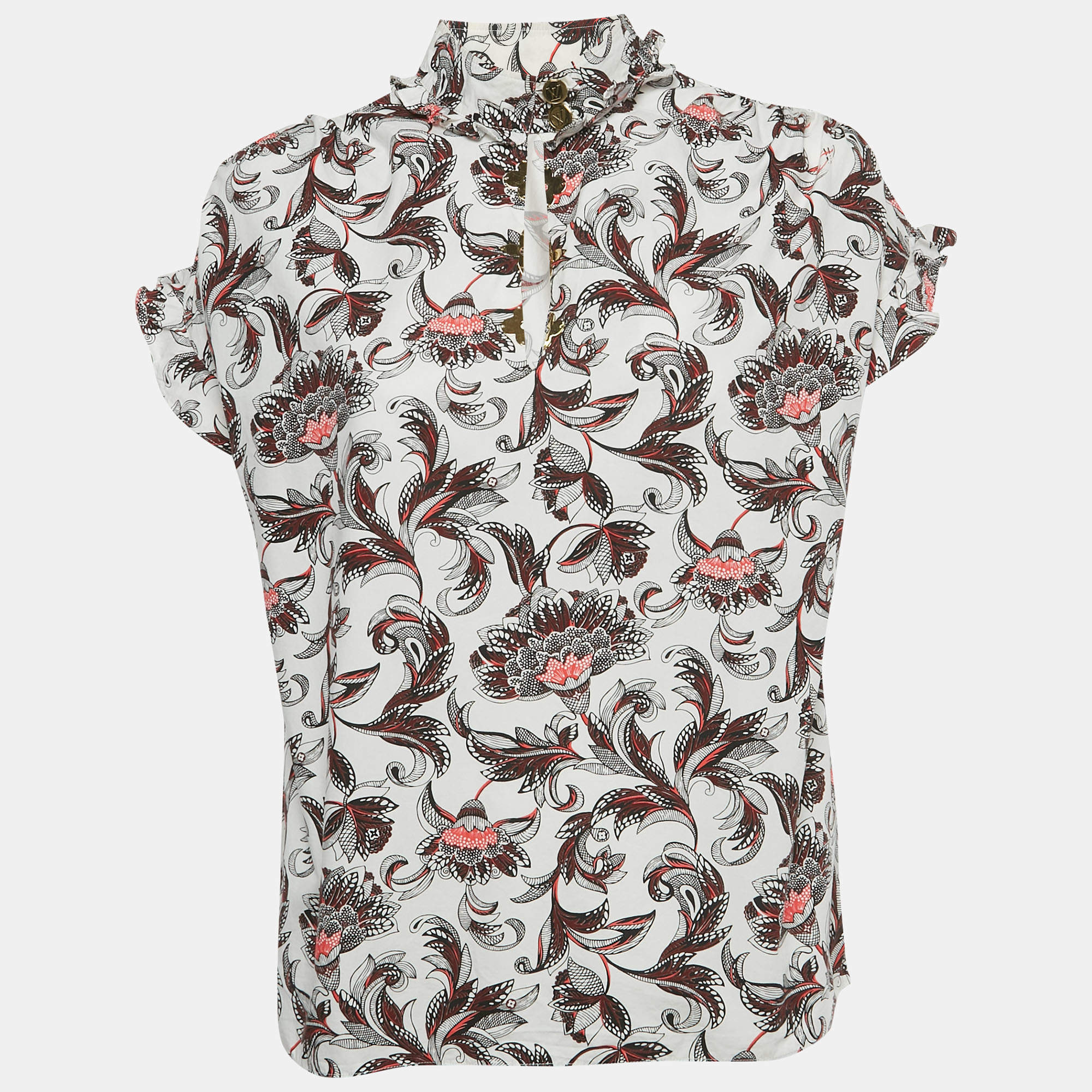 Pre Owned Louis Vuitton White Floral Print Cotton Top M