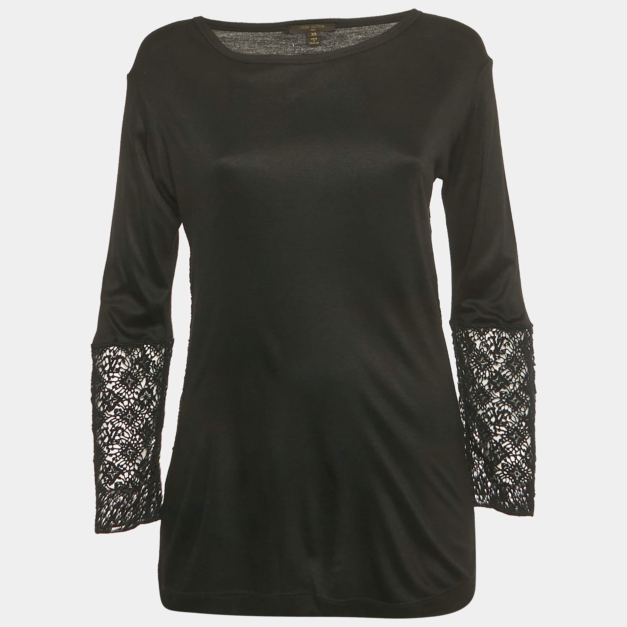 Pre Owned Louis Vuitton Black Lace Detail Jersey Top XS