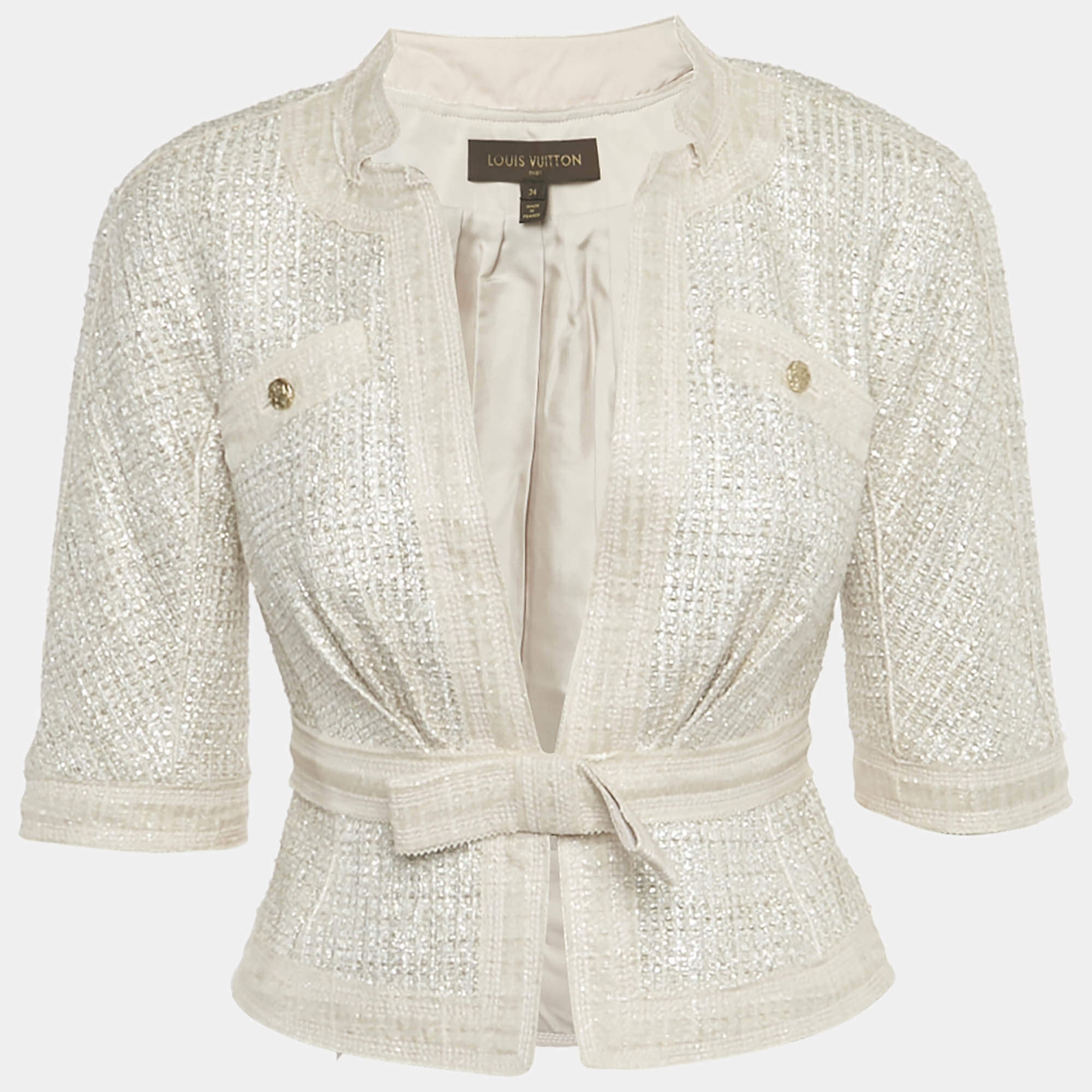 Pre Owned Louis Vuitton Pink Lurex Tweed Bow Detail Jacket S