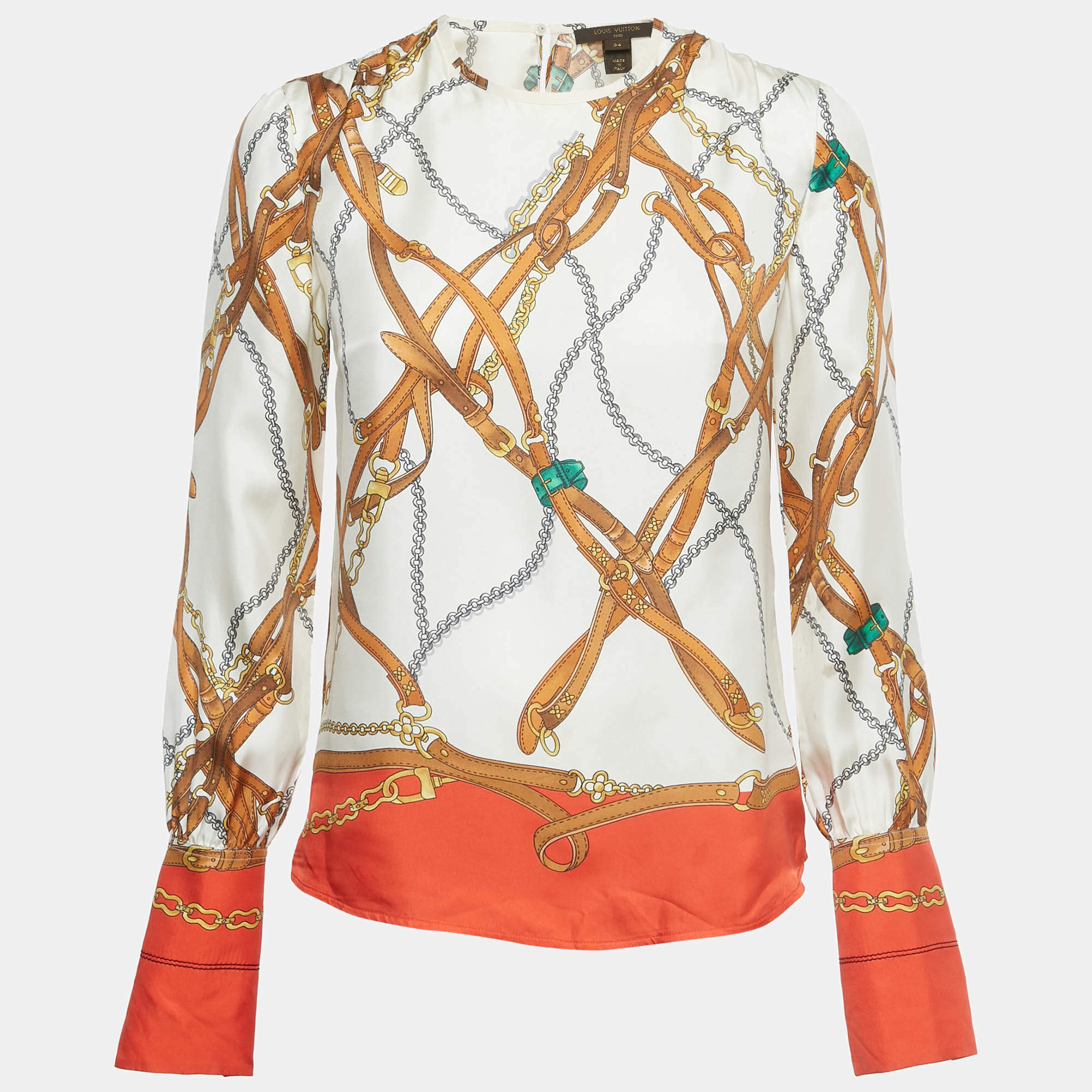 مملوكة مسبقًا Louis Vuitton Cream Belt Print Silk Blouse S