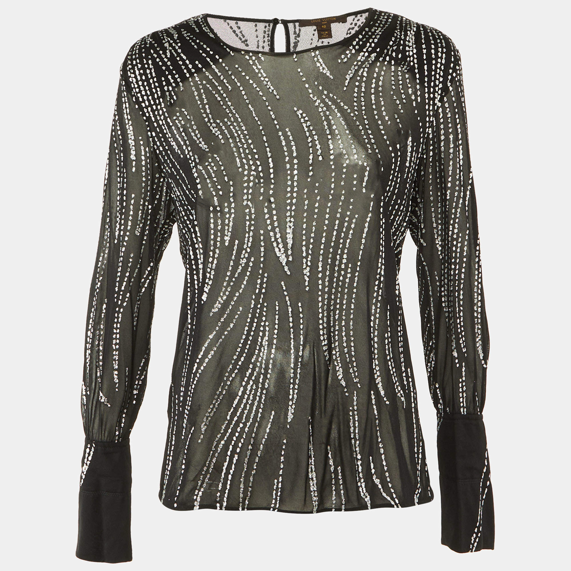 Pre Owned Louis Vuitton Black Glitter Print Mesh Sheer Top L